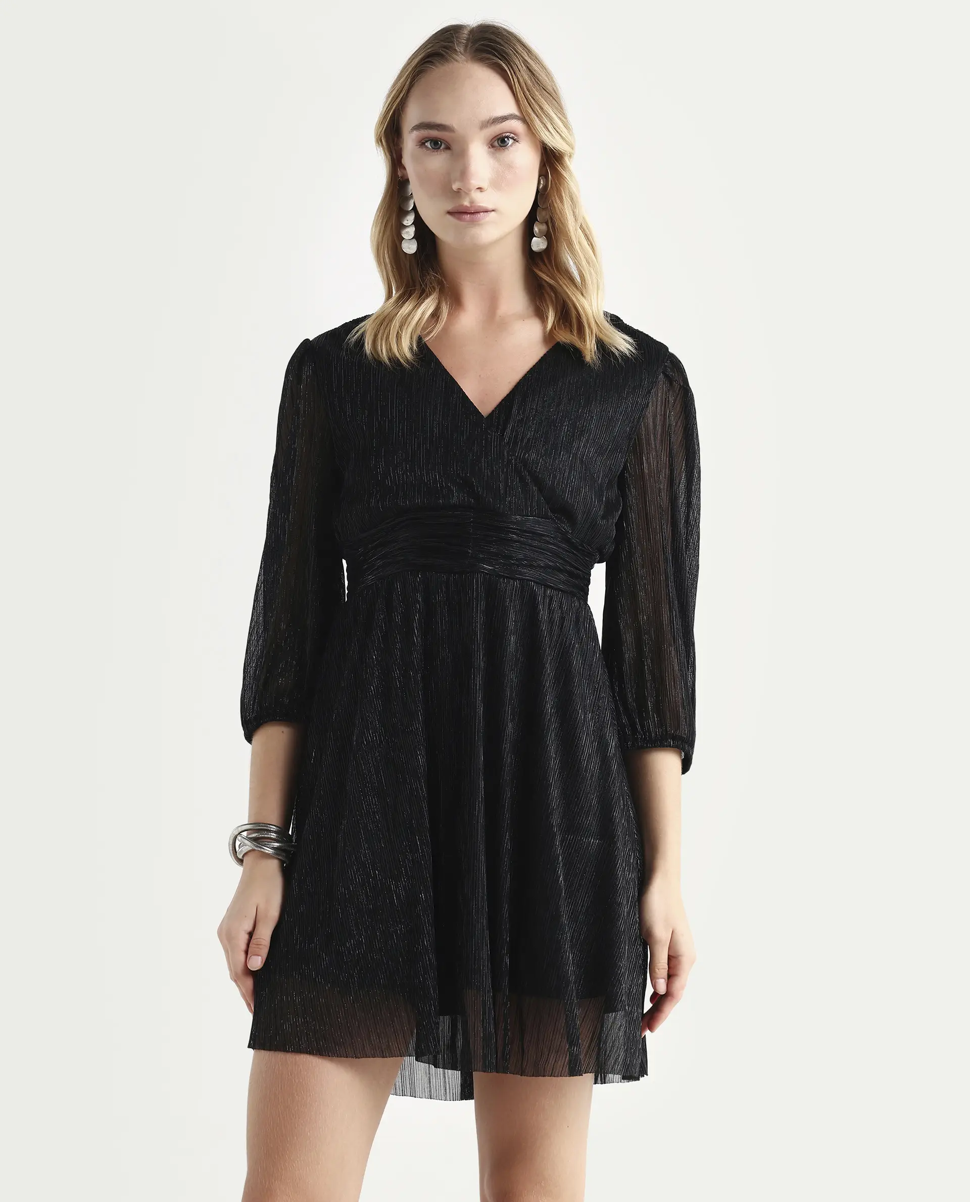 Rareism Women's Ravin Metalic Black Polyester Collarless Floral Print Balloon Sleeve Mini Fit And Flare Dress - Image 3