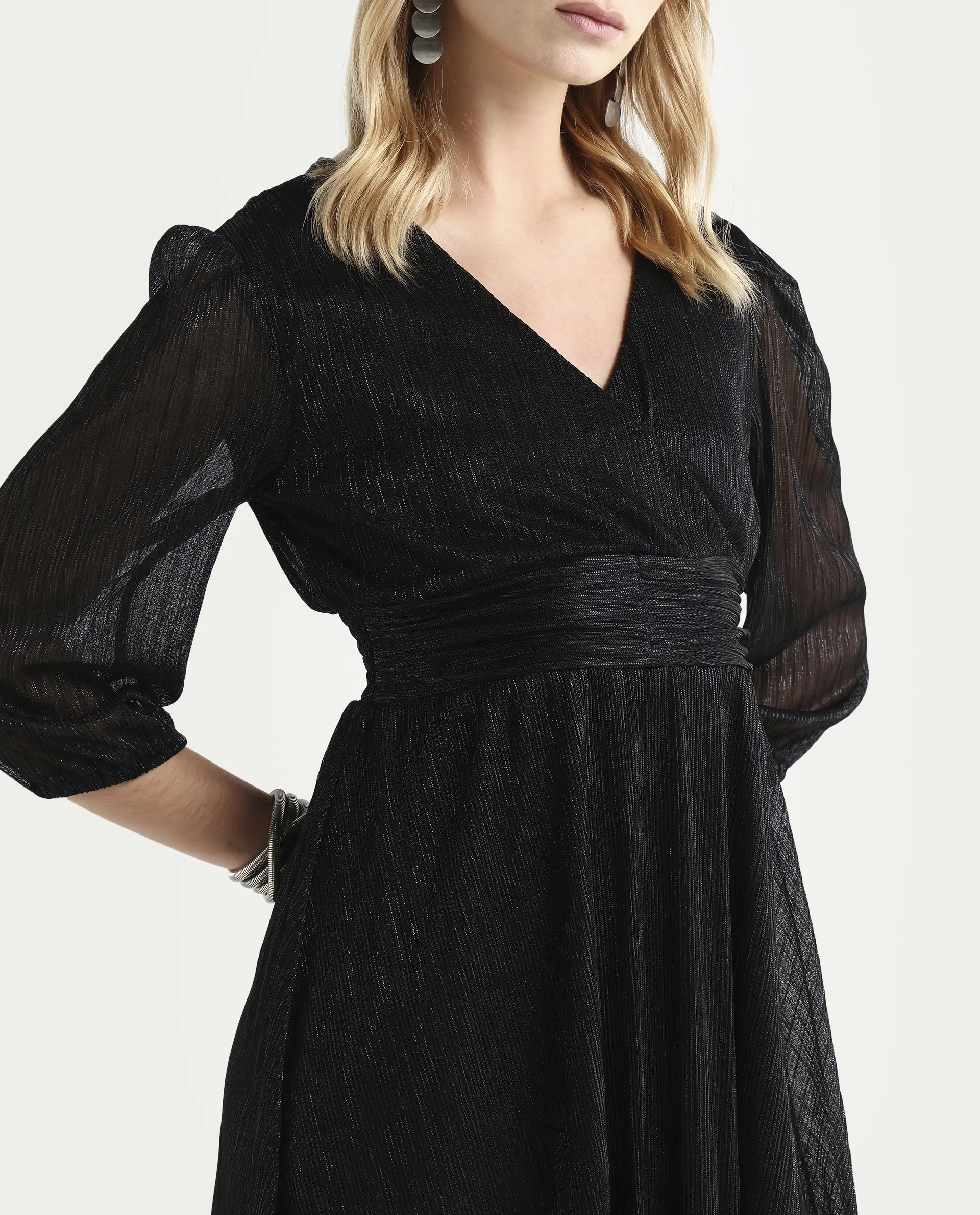 Rareism Women's Ravin Metalic Black Polyester Collarless Floral Print Balloon Sleeve Mini Fit And Flare Dress - Image 4
