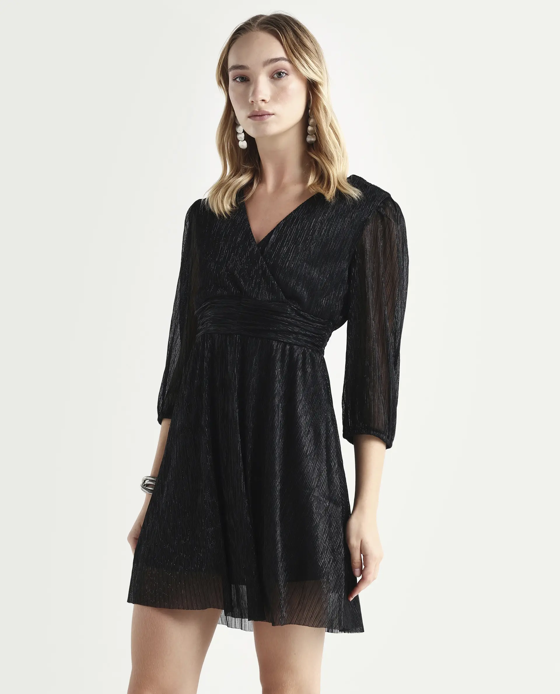 Rareism Women's Ravin Metalic Black Polyester Collarless Floral Print Balloon Sleeve Mini Fit And Flare Dress - Image 5
