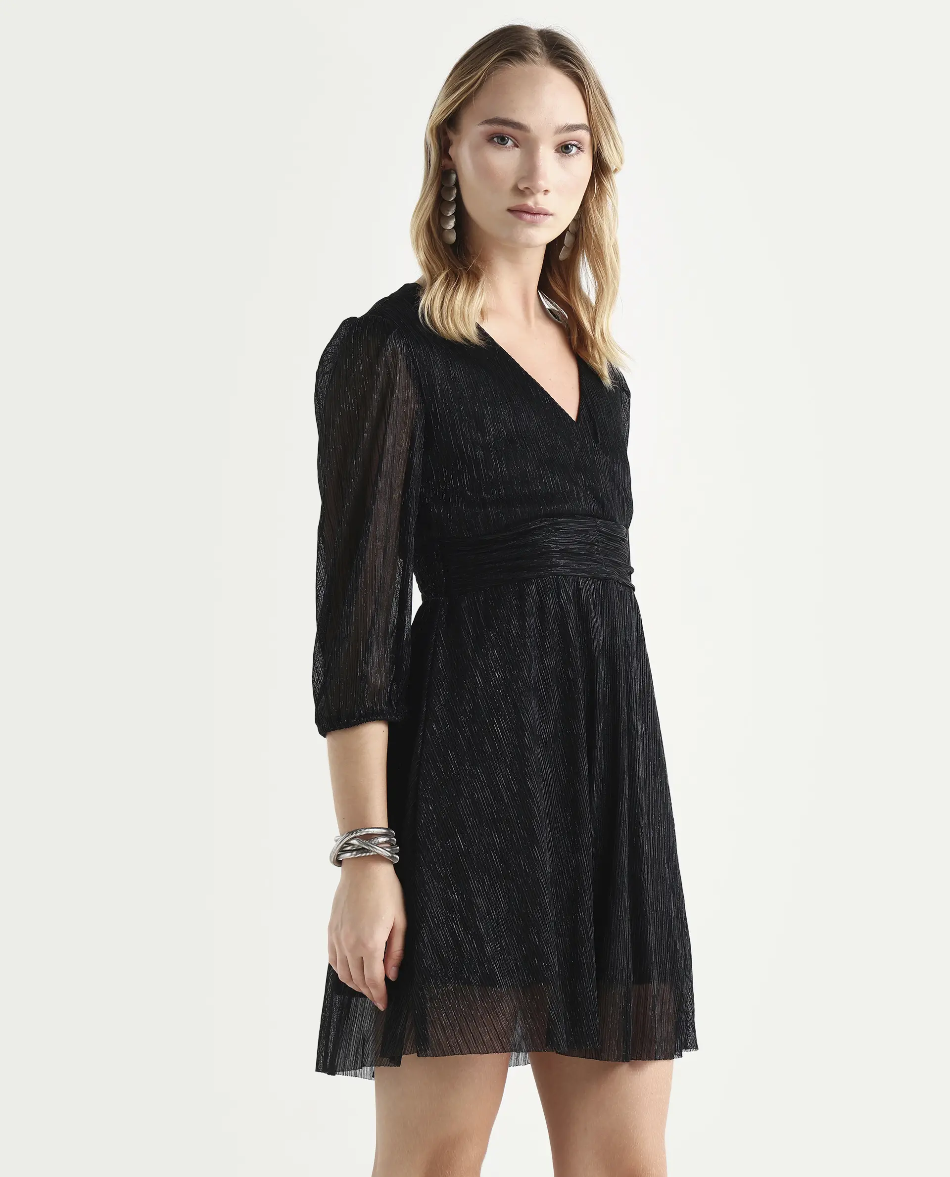 Rareism Women's Ravin Metalic Black Polyester Collarless Floral Print Balloon Sleeve Mini Fit And Flare Dress - Image 6
