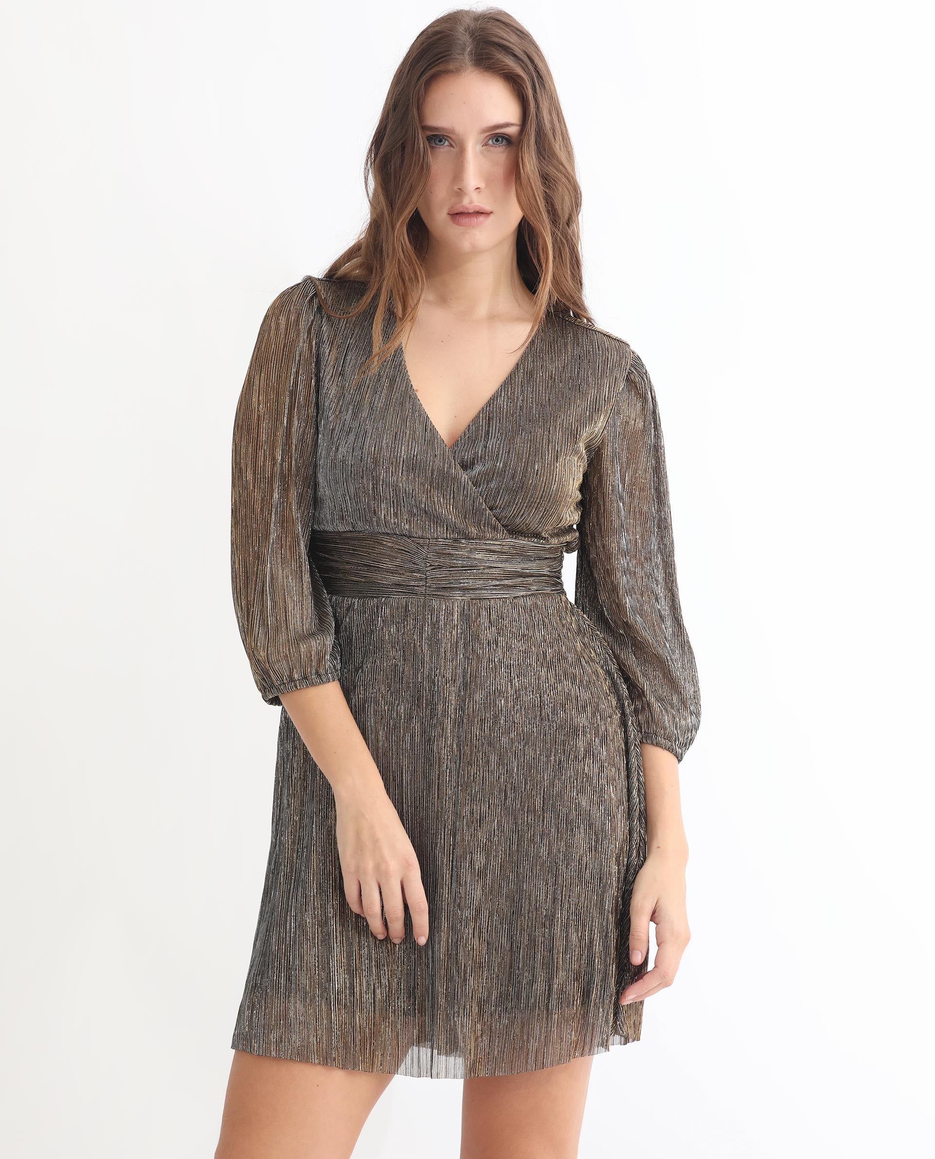 Rareism Women's Ravin Metalic Gold Polyester Collarless Shimmer Balloon Sleeve Knee Length Fit And Flare Dress