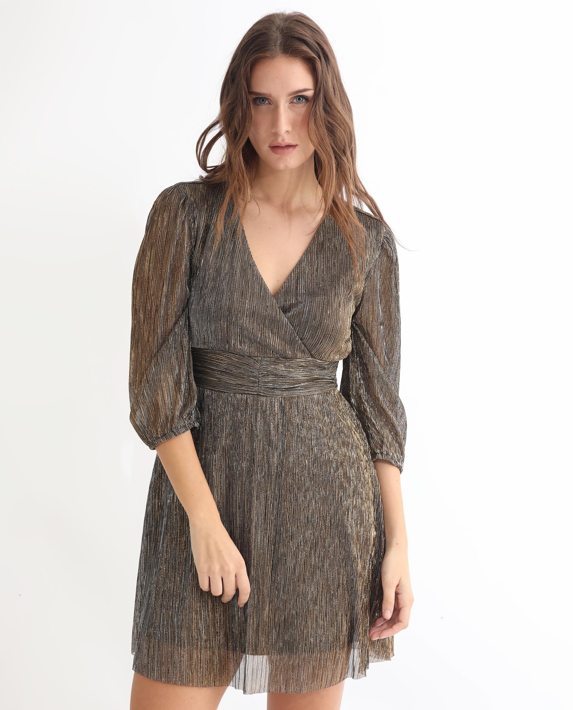 Rareism Women's Ravin Metalic Gold Polyester Collarless Shimmer Balloon Sleeve Knee Length Fit And Flare Dress - Image 11