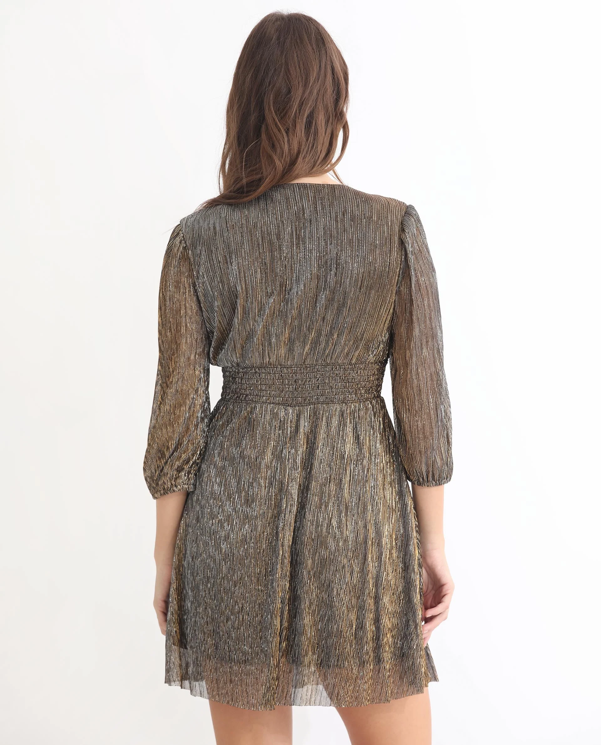 Rareism Women's Ravin Metalic Gold Polyester Collarless Shimmer Balloon Sleeve Knee Length Fit And Flare Dress - Image 16