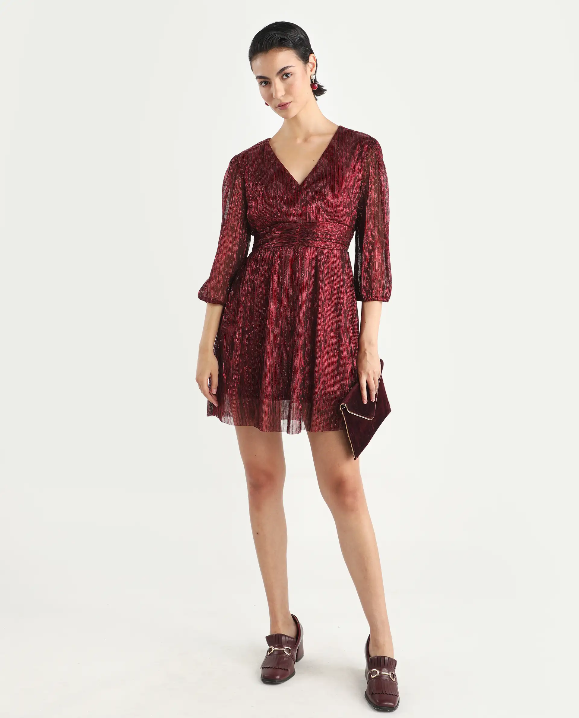 Rareism Women's Ravin Metalic Red Polyester Collarless Floral Print Balloon Sleeve Mini Fit And Flare Dress - Image 2