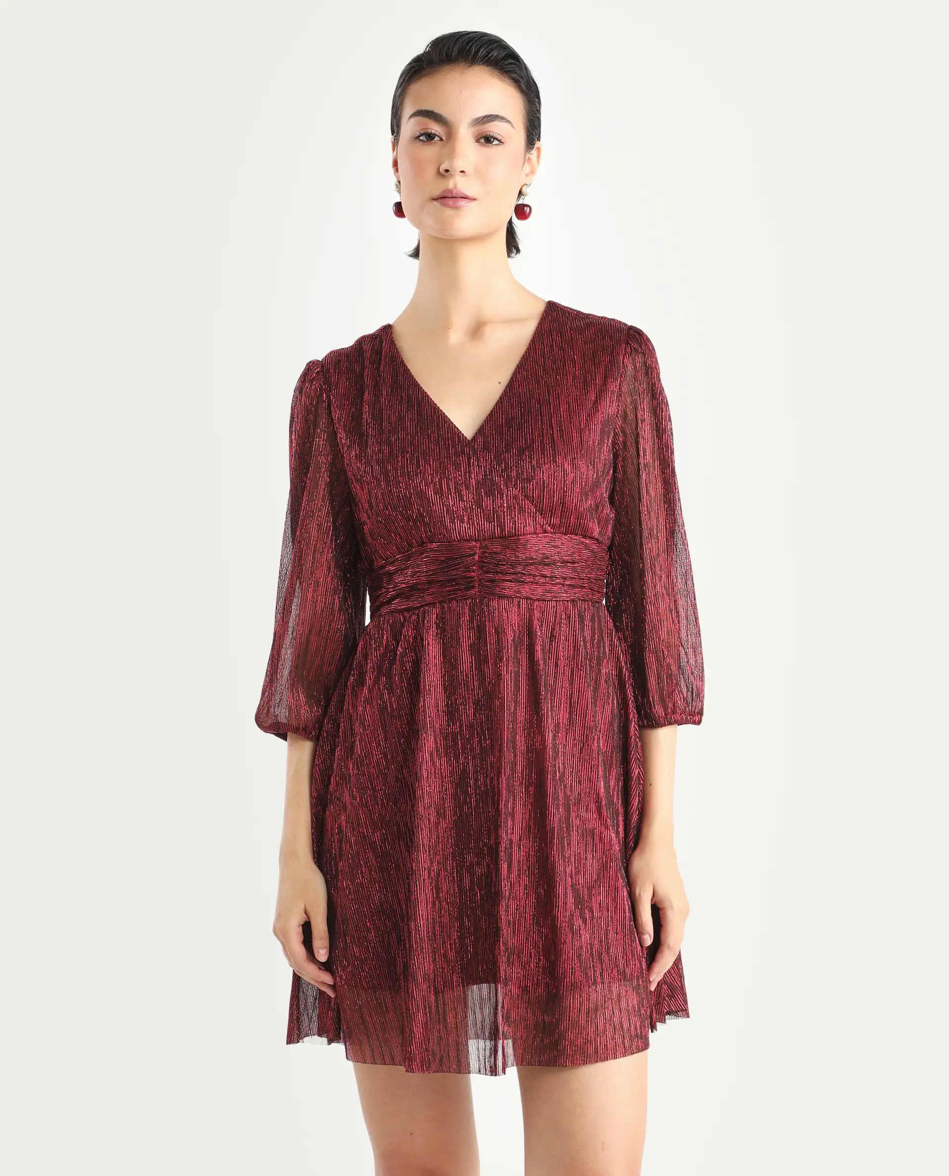 Rareism Women's Ravin Metalic Red Polyester Collarless Floral Print Balloon Sleeve Mini Fit And Flare Dress - Image 3
