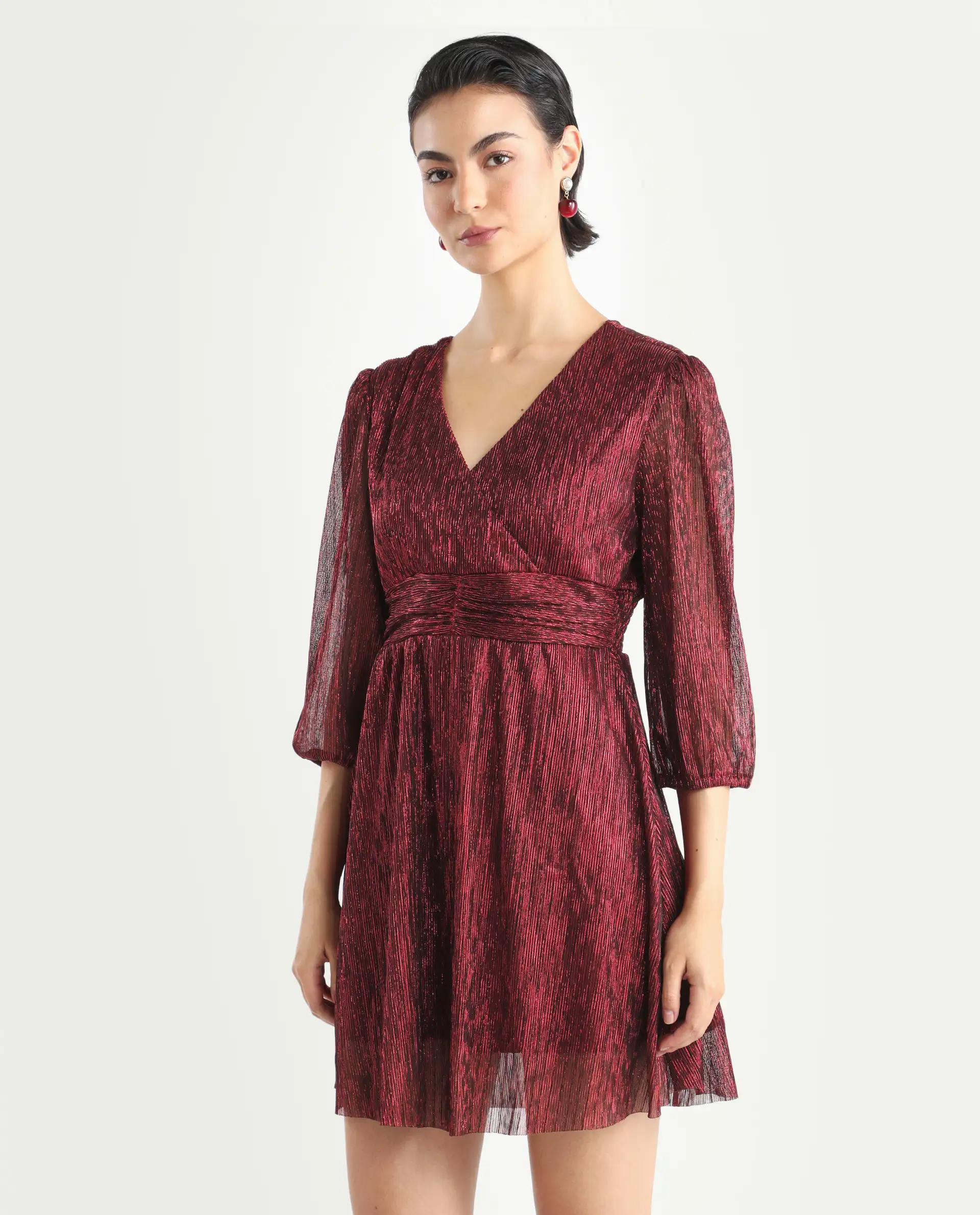 Rareism Women's Ravin Metalic Red Polyester Collarless Floral Print Balloon Sleeve Mini Fit And Flare Dress - Image 5