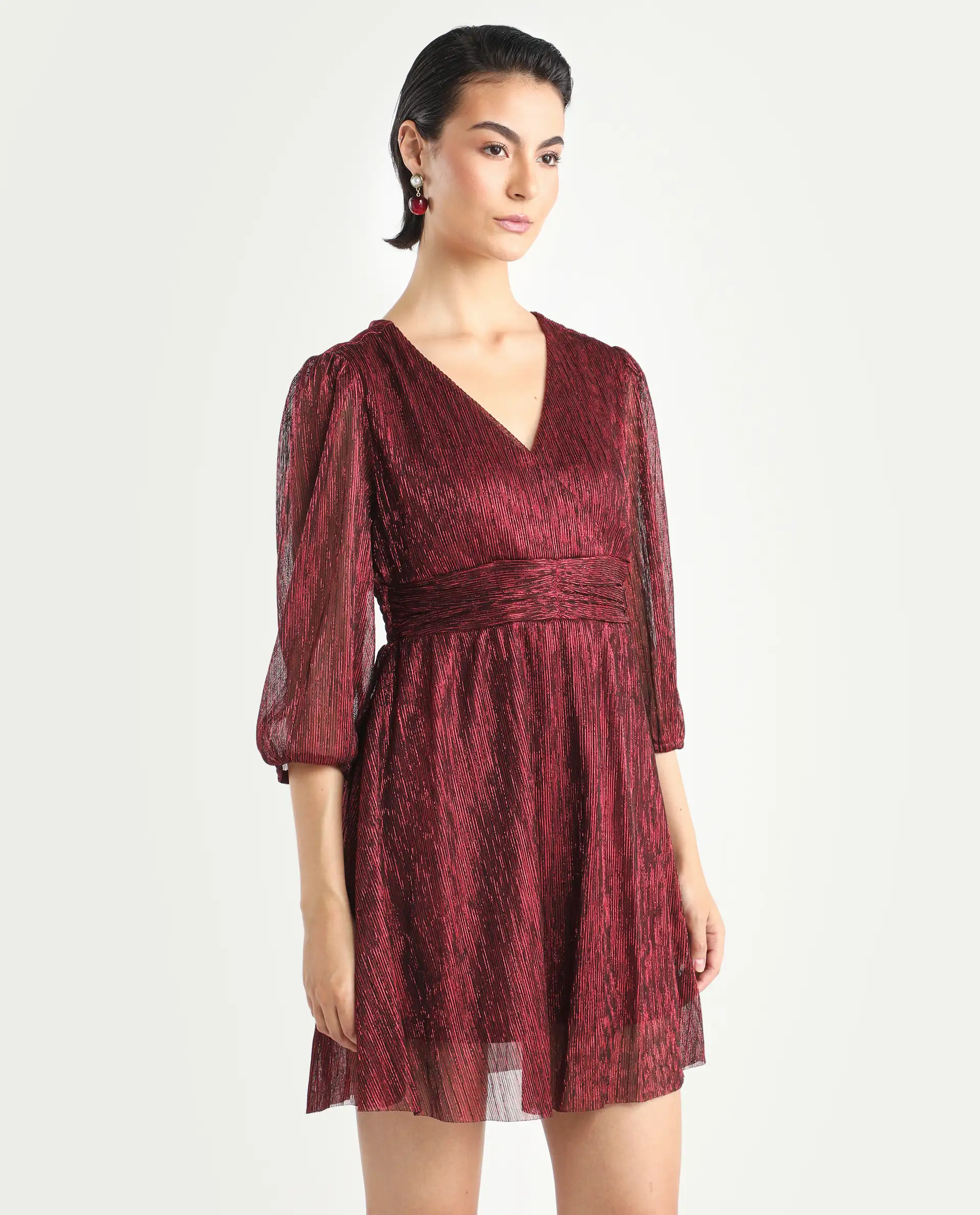 Rareism Women's Ravin Metalic Red Polyester Collarless Floral Print Balloon Sleeve Mini Fit And Flare Dress - Image 6