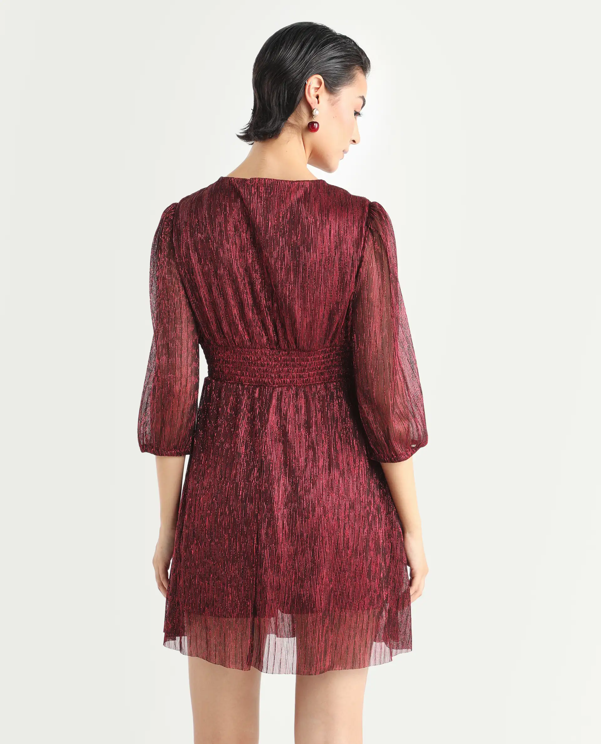 Rareism Women's Ravin Metalic Red Polyester Collarless Floral Print Balloon Sleeve Mini Fit And Flare Dress - Image 7