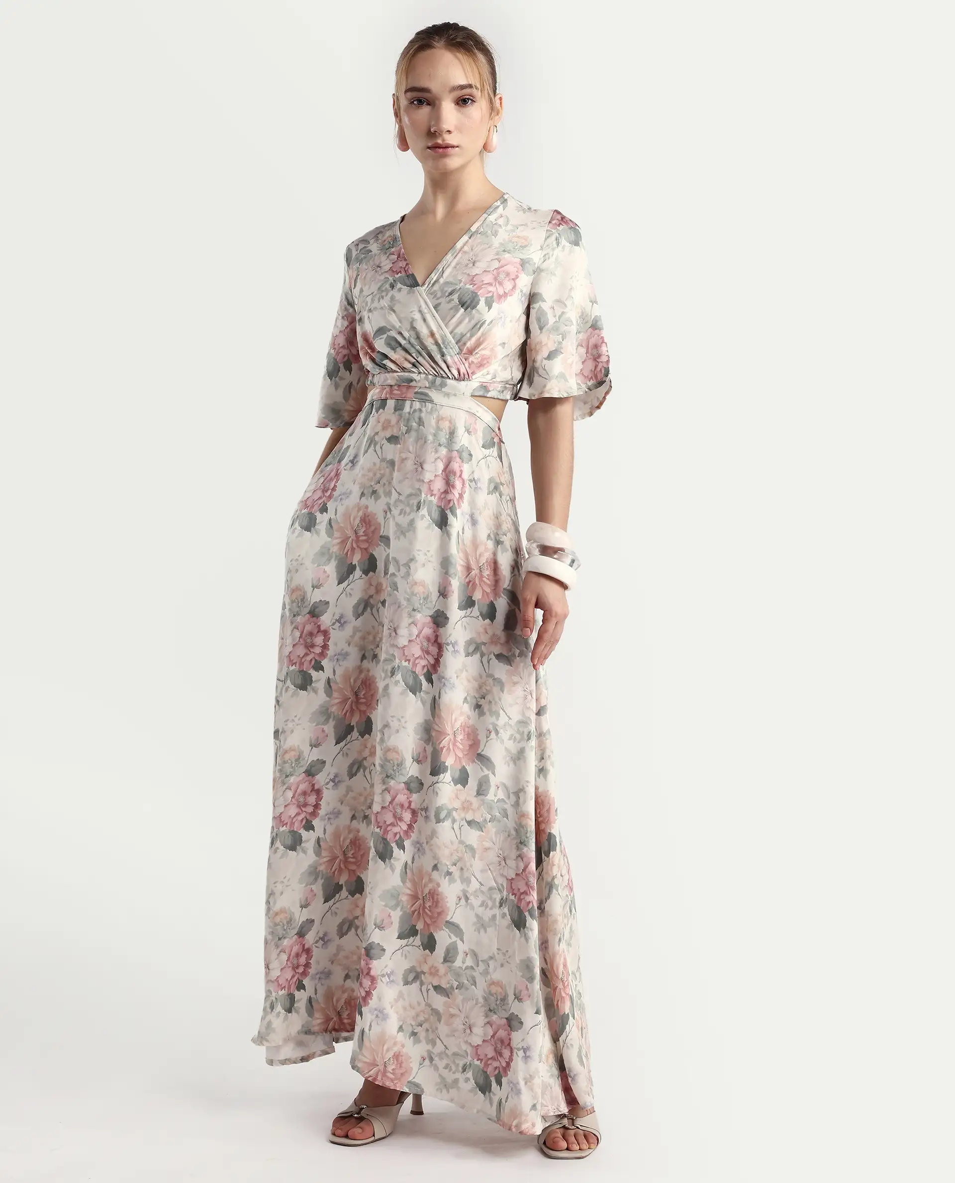 Rareism Women's Ravin Multi Cotton Blend Overlap Neck Floral Print Maxi Fit And Flare Dress