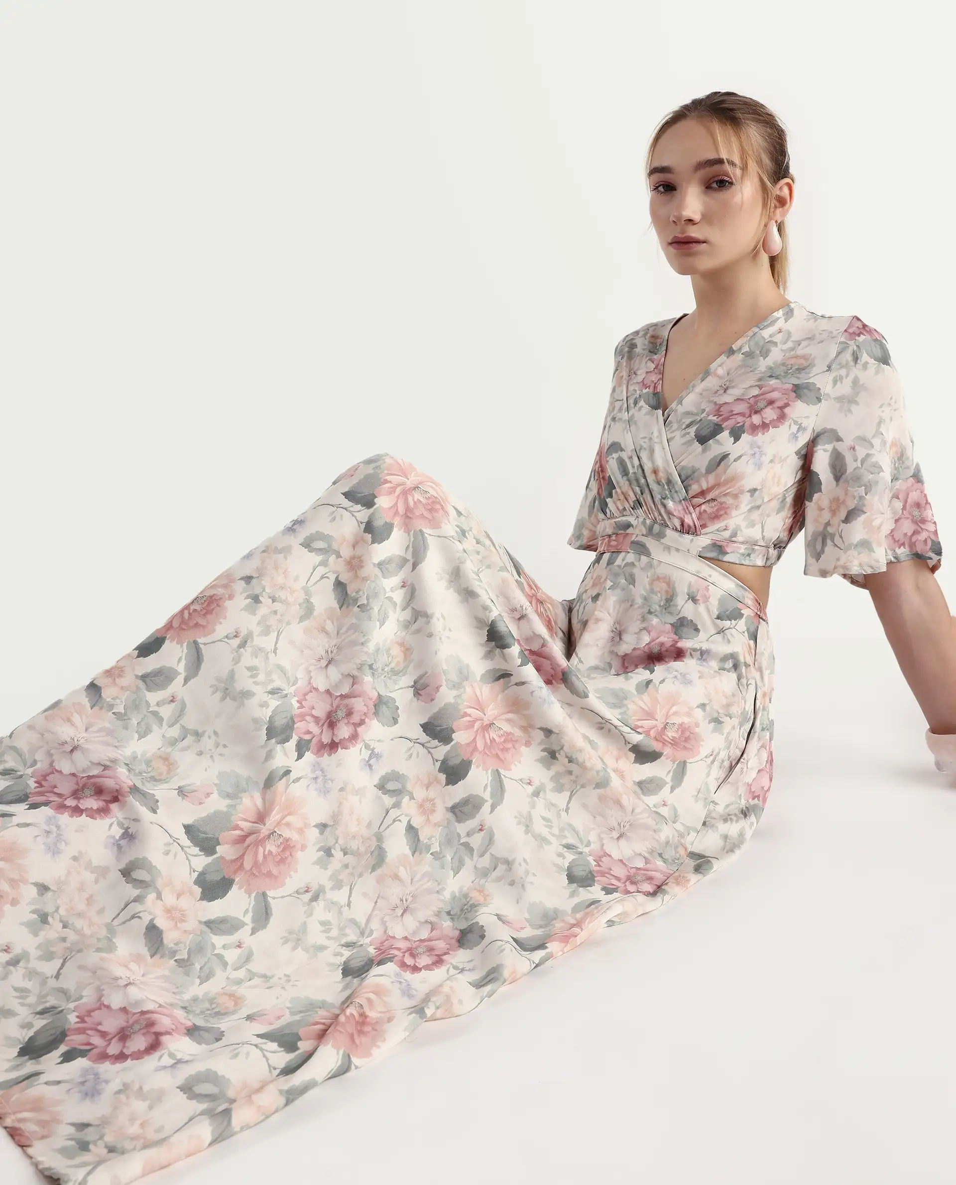 Rareism Women's Ravin Multi Cotton Blend Overlap Neck Floral Print Maxi Fit And Flare Dress - Image 2