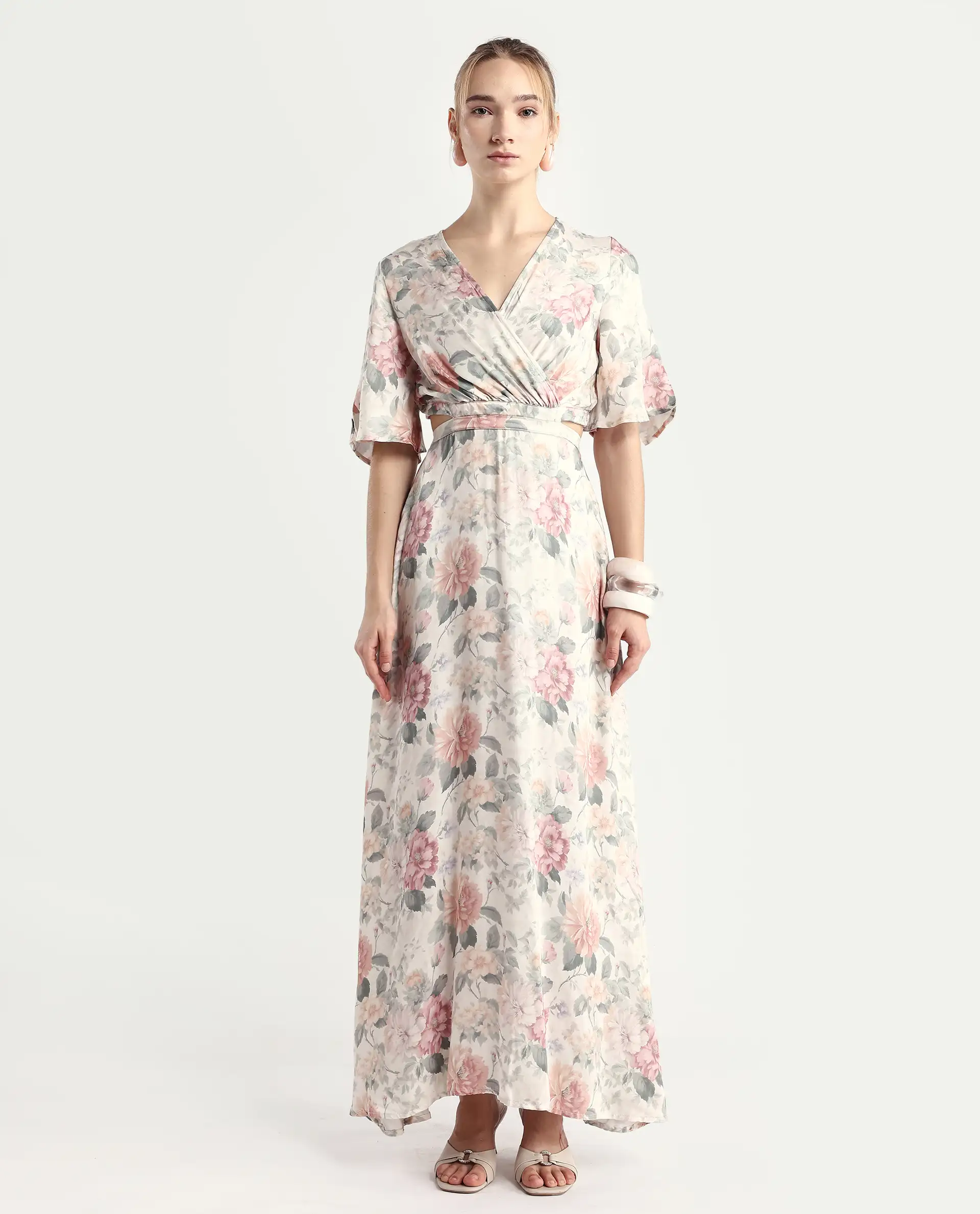 Rareism Women's Ravin Multi Cotton Blend Overlap Neck Floral Print Maxi Fit And Flare Dress - Image 3