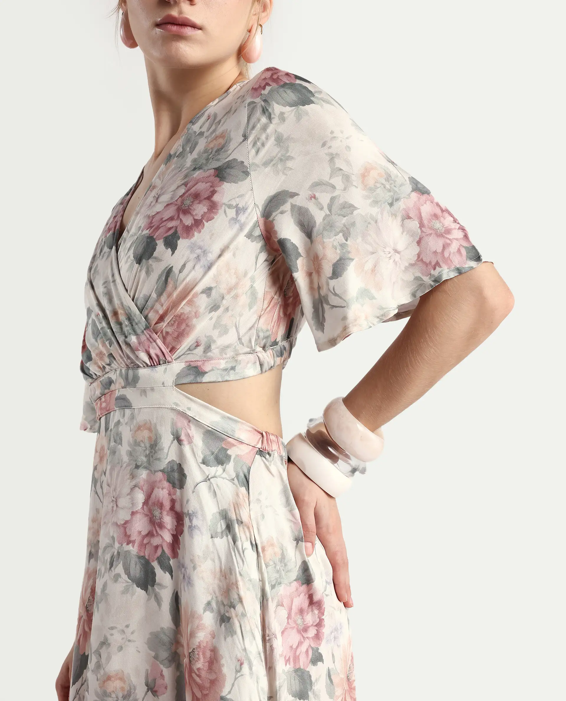 Rareism Women's Ravin Multi Cotton Blend Overlap Neck Floral Print Maxi Fit And Flare Dress - Image 4