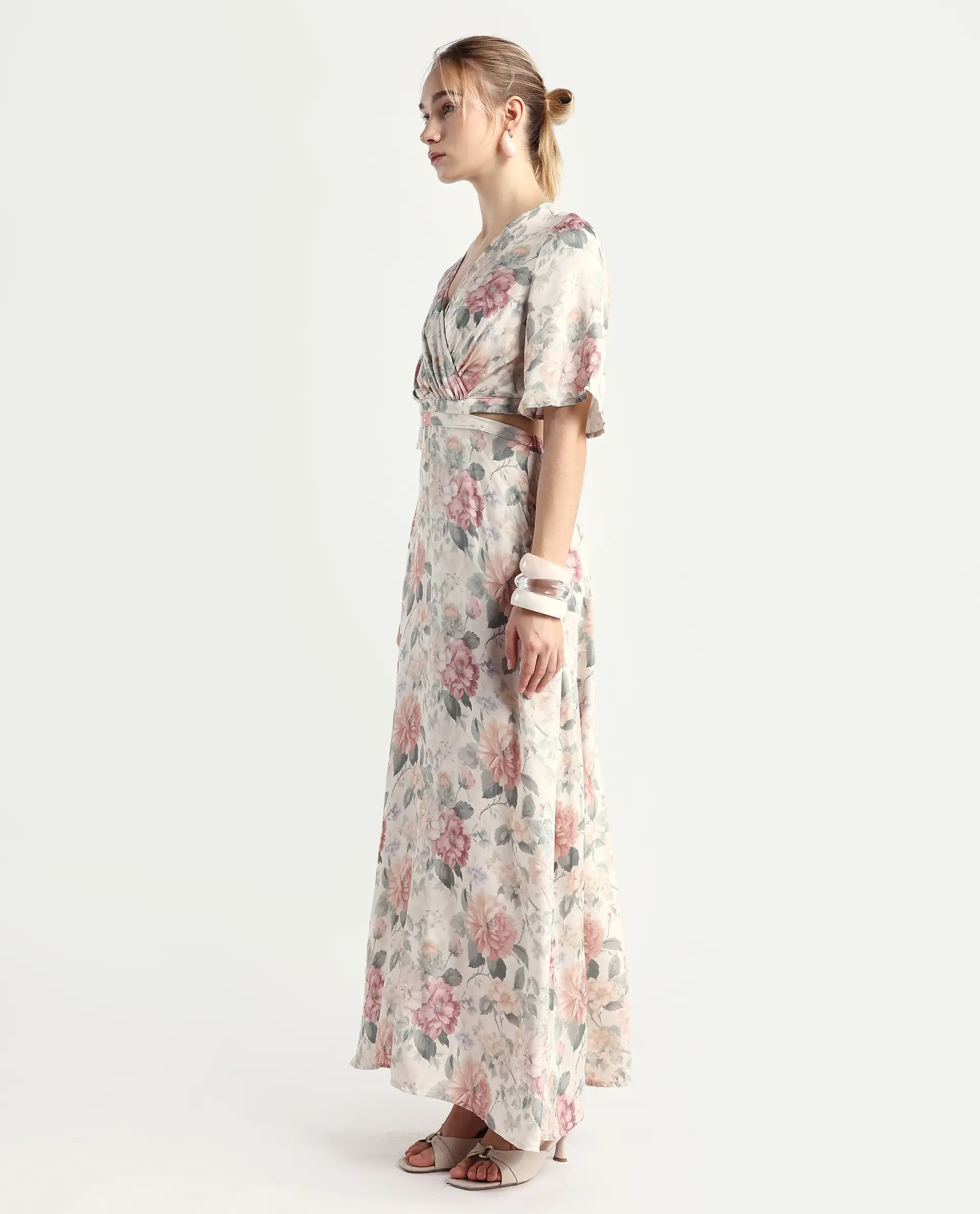 Rareism Women's Ravin Multi Cotton Blend Overlap Neck Floral Print Maxi Fit And Flare Dress - Image 5