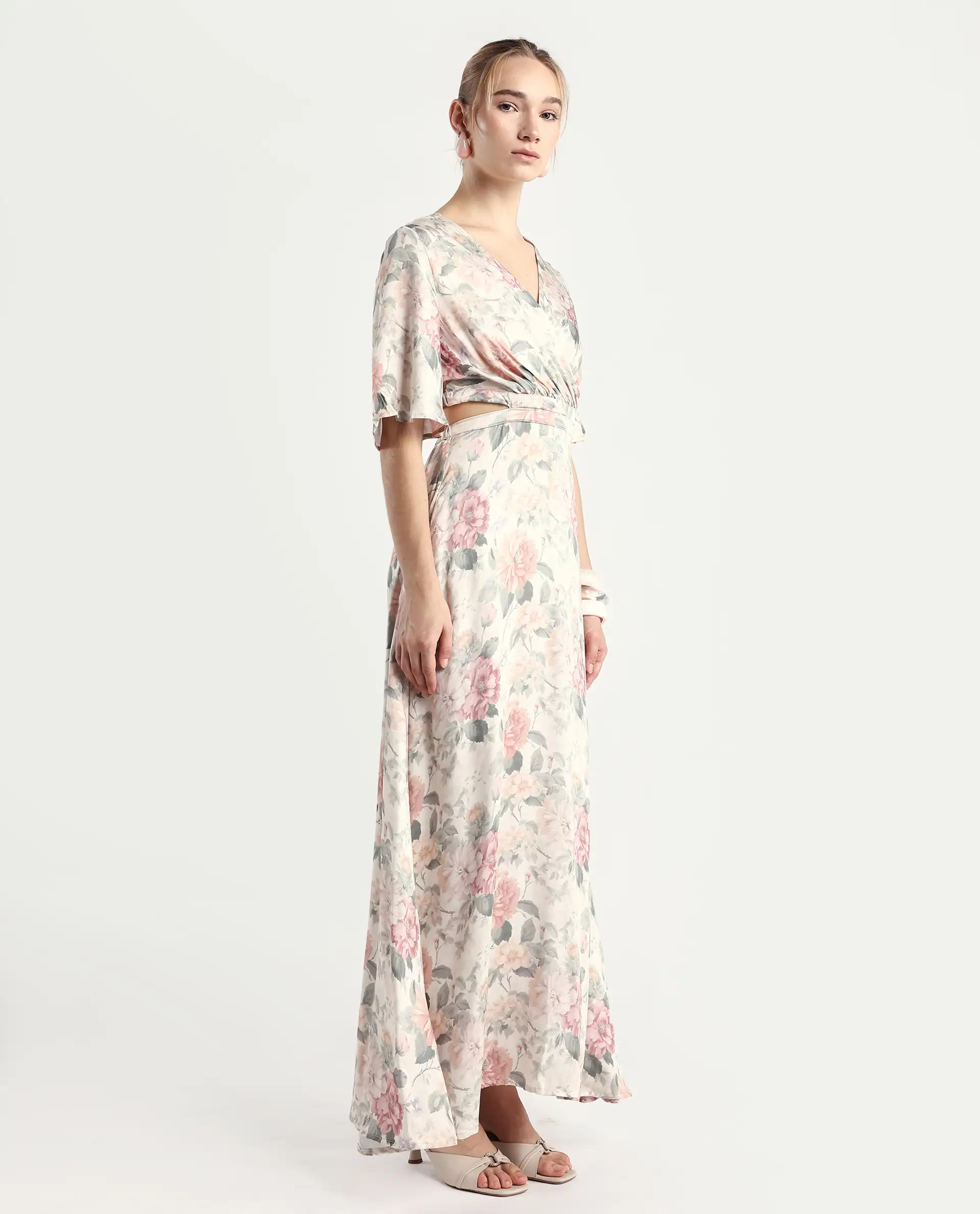 Rareism Women's Ravin Multi Cotton Blend Overlap Neck Floral Print Maxi Fit And Flare Dress - Image 6