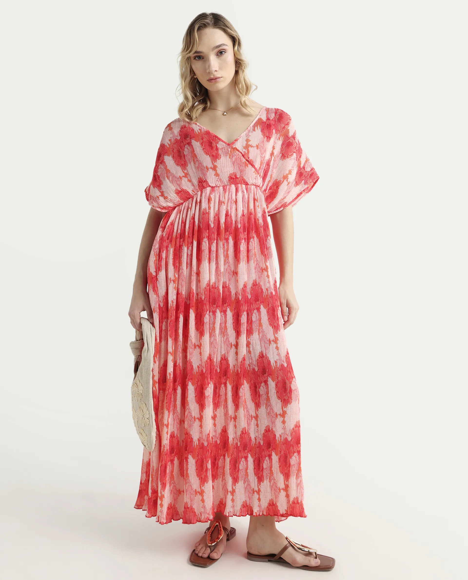 Rareism Women's Ravoli Red Polyester Overlap Neck Floral Print Extended Sleeves Maxi Relaxed Fit Dress