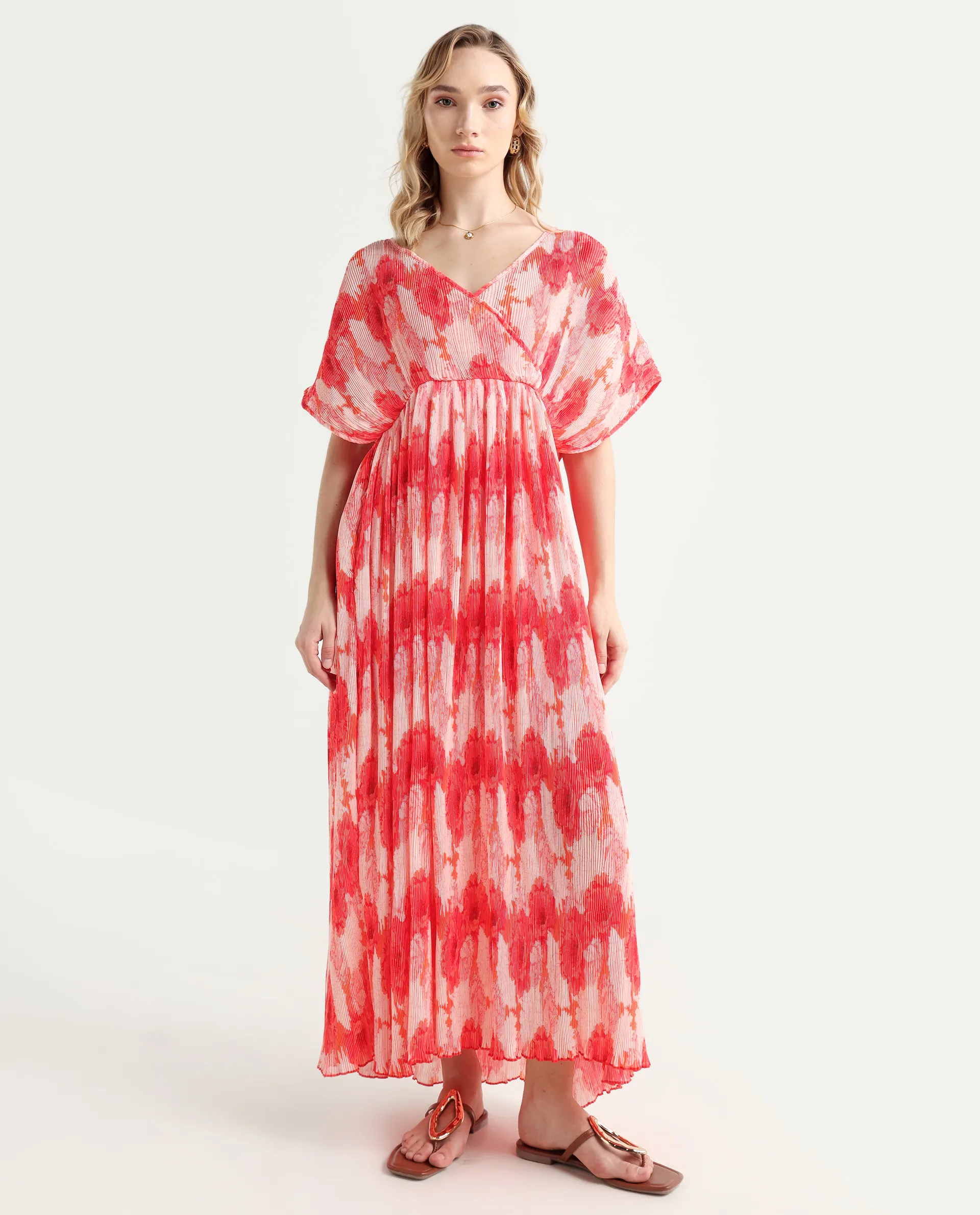 Rareism Women's Ravoli Red Polyester Overlap Neck Floral Print Extended Sleeves Maxi Relaxed Fit Dress - Image 2