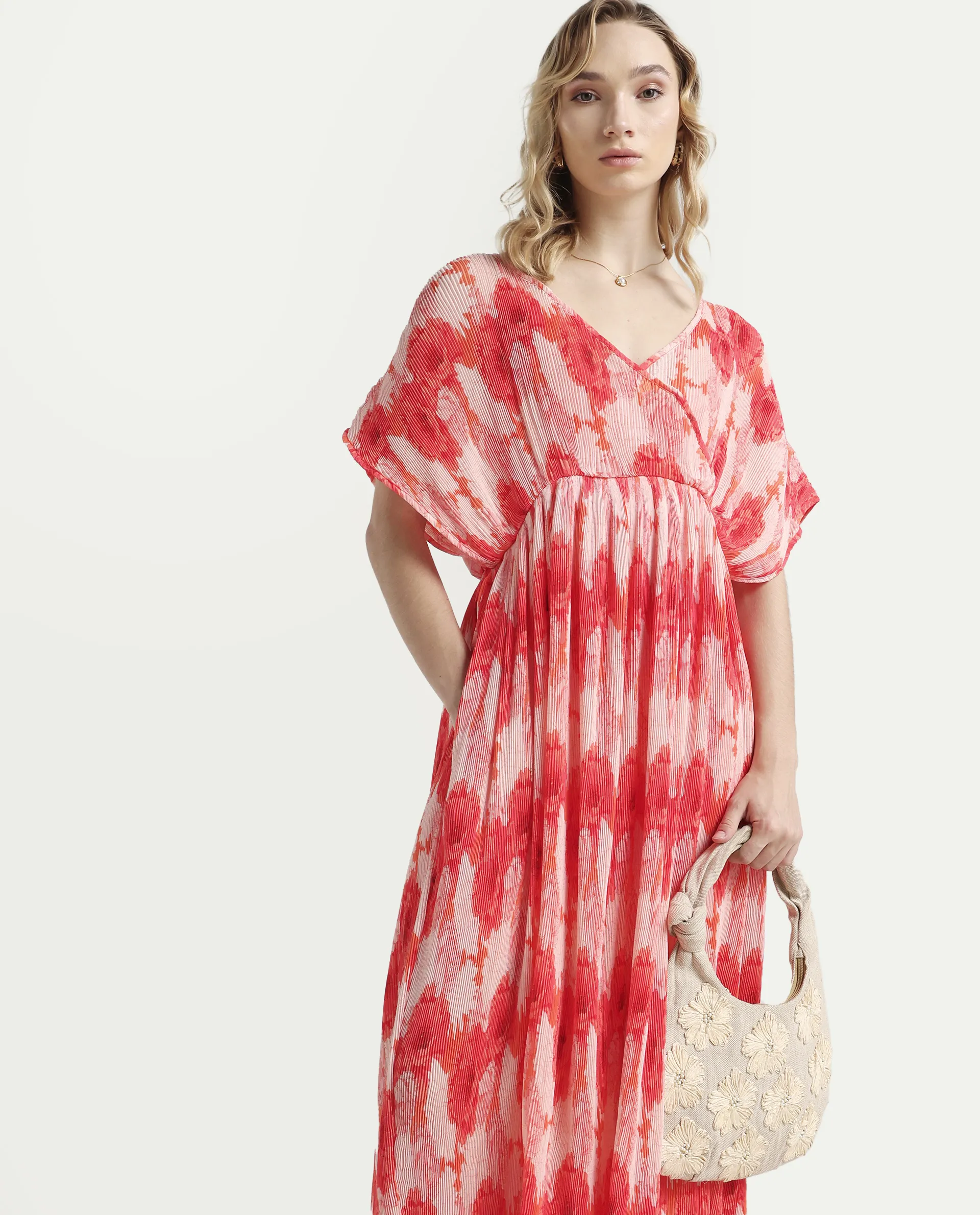 Rareism Women's Ravoli Red Polyester Overlap Neck Floral Print Extended Sleeves Maxi Relaxed Fit Dress - Image 3