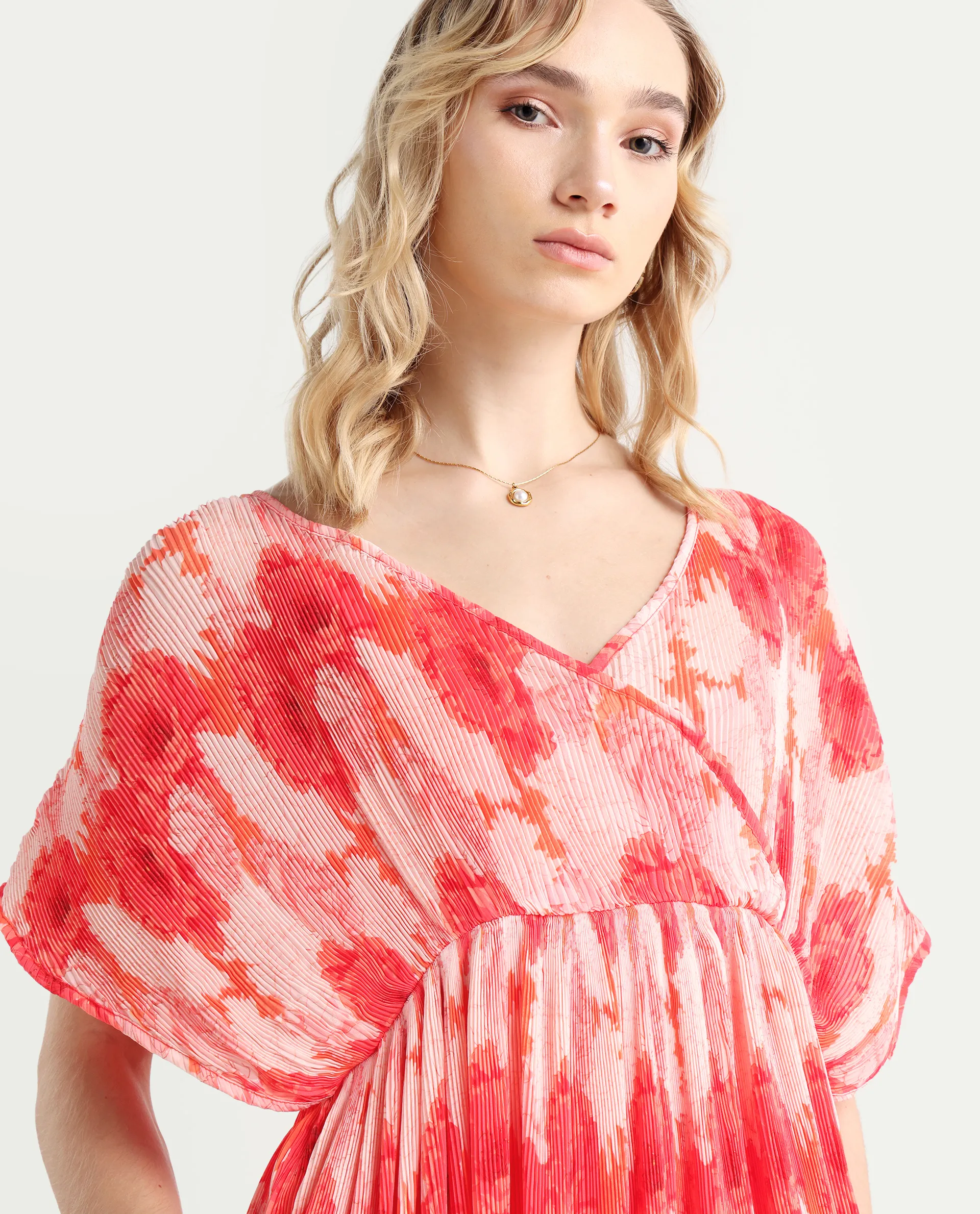 Rareism Women's Ravoli Red Polyester Overlap Neck Floral Print Extended Sleeves Maxi Relaxed Fit Dress - Image 4