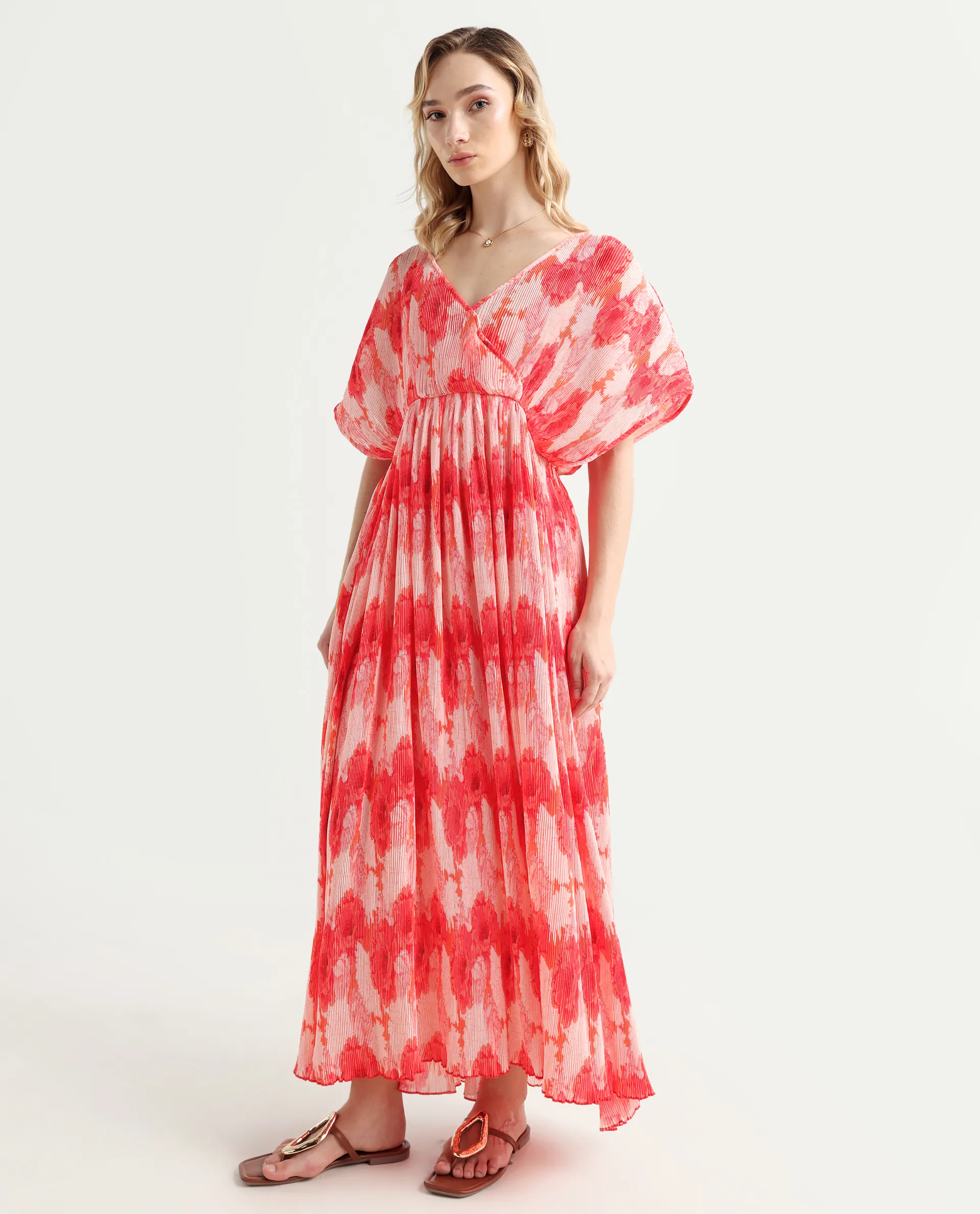 Rareism Women's Ravoli Red Polyester Overlap Neck Floral Print Extended Sleeves Maxi Relaxed Fit Dress - Image 5