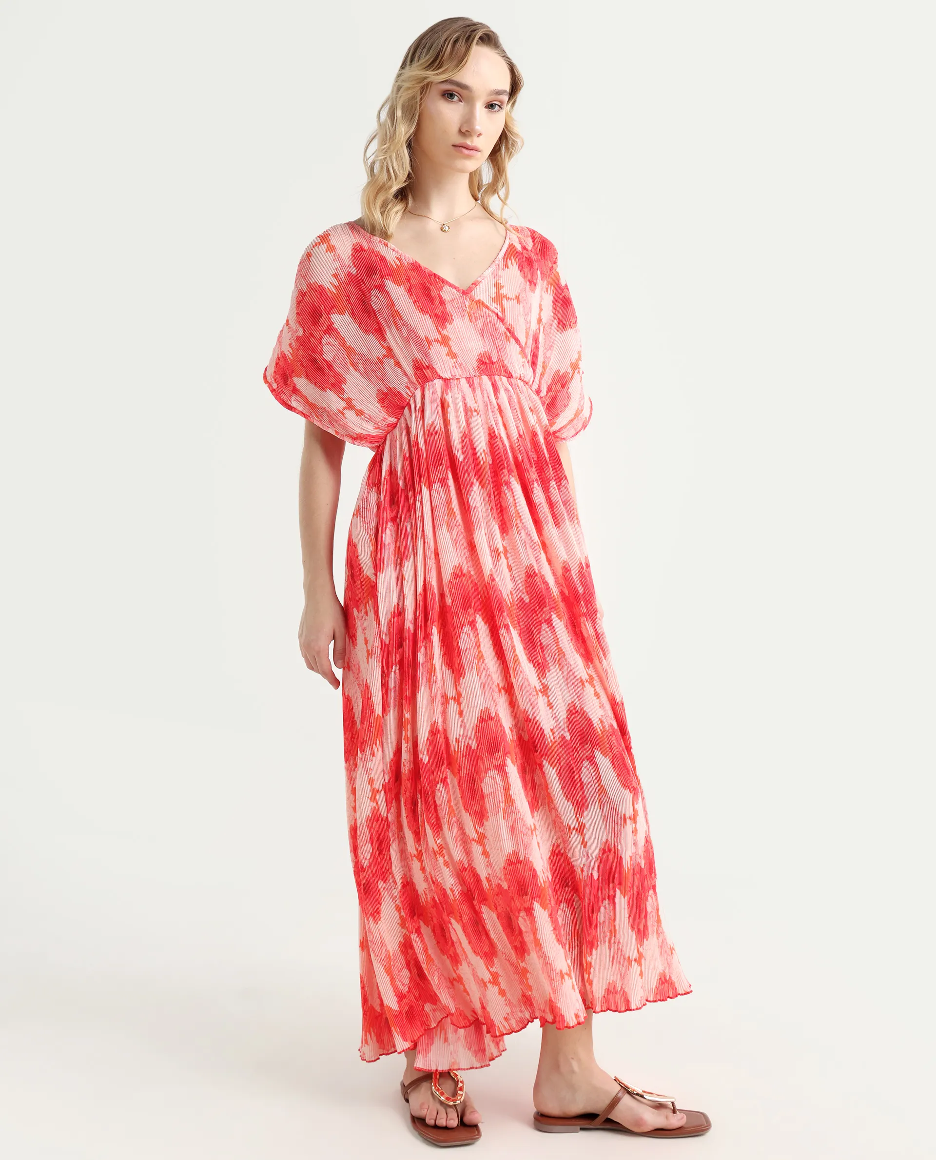 Rareism Women's Ravoli Red Polyester Overlap Neck Floral Print Extended Sleeves Maxi Relaxed Fit Dress - Image 6