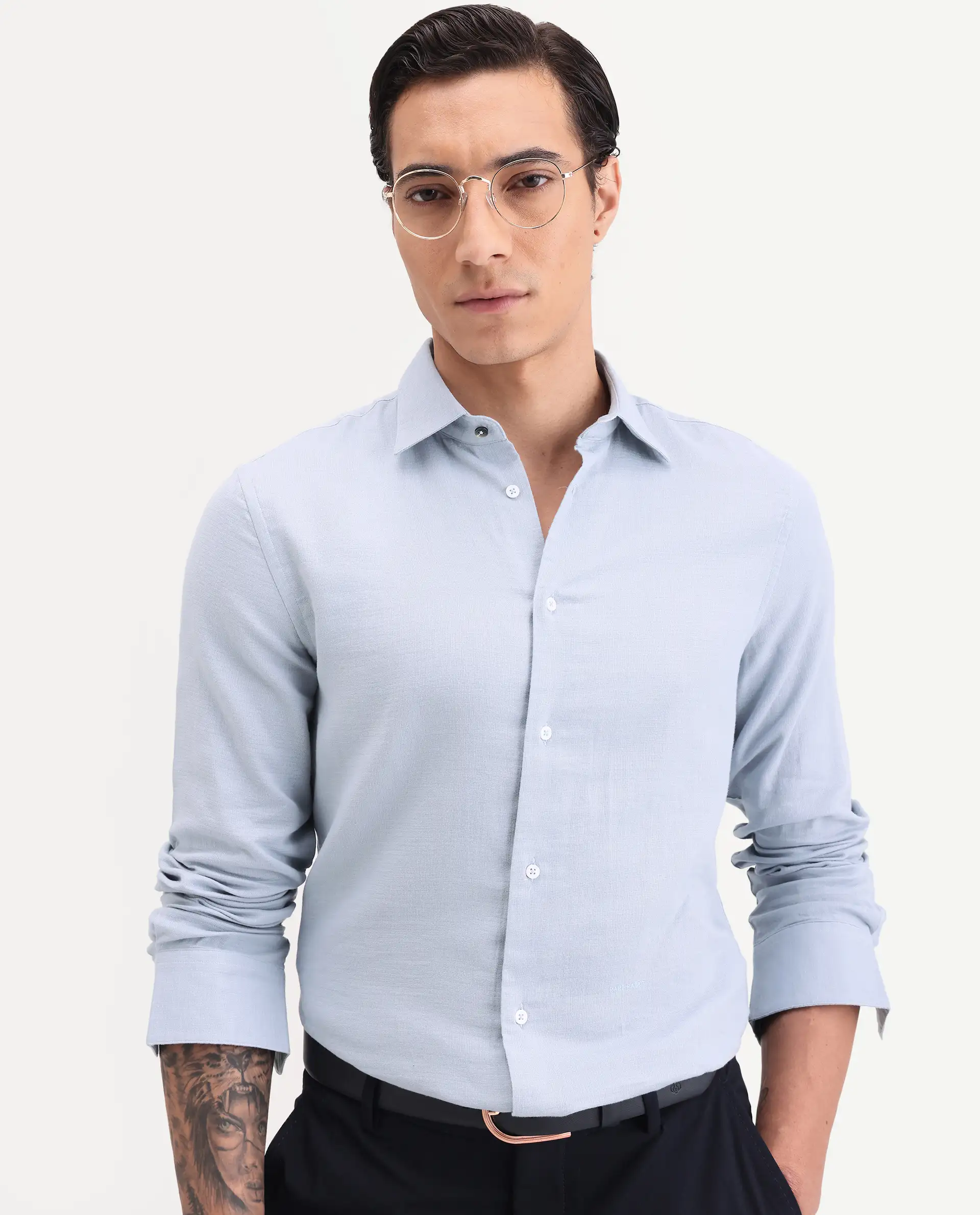 Rare Rabbit Men's Raxo Dusky Blue Cotton Fabric Full Sleeve Spread Collar Regular Fit Plain Shirt