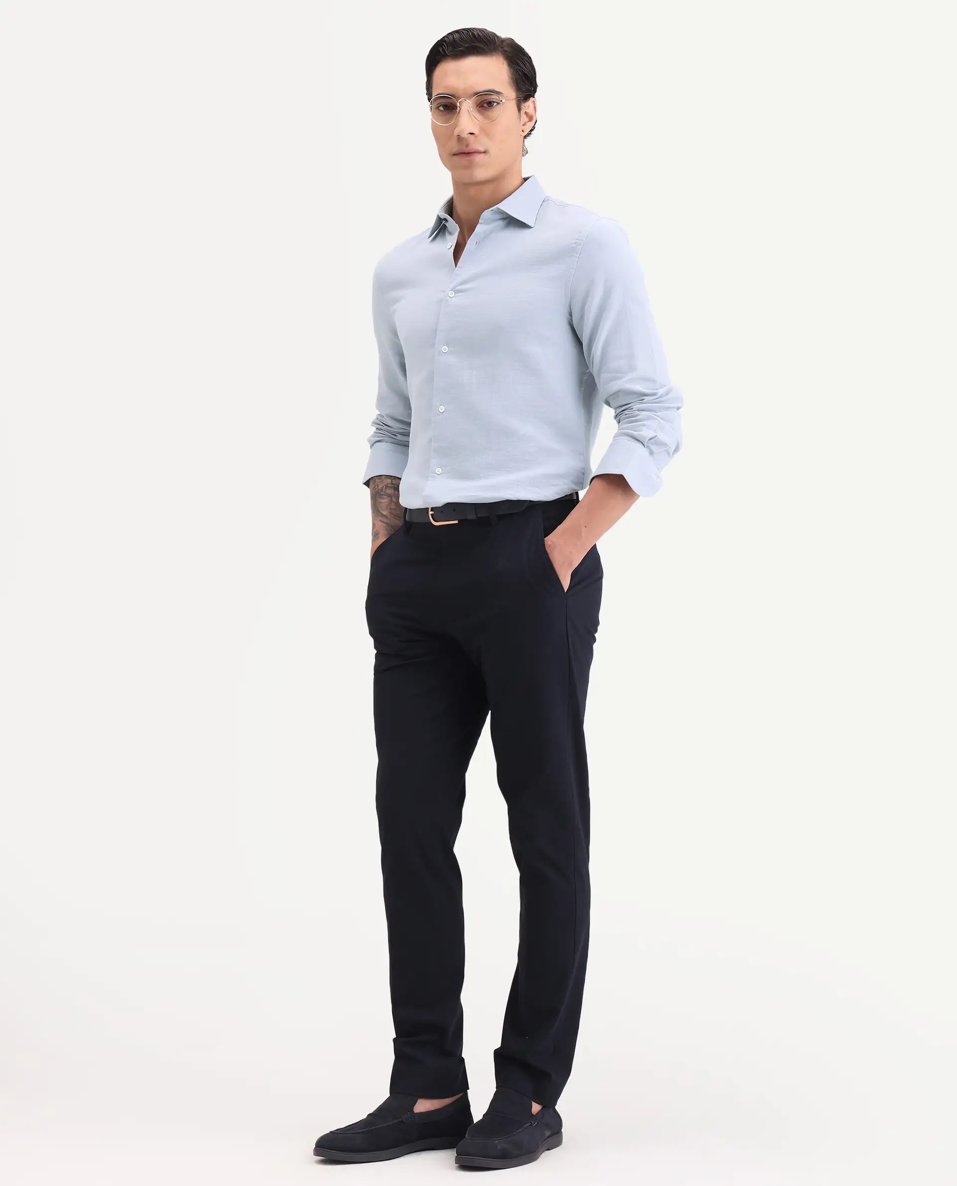 Rare Rabbit Men's Raxo Dusky Blue Cotton Fabric Full Sleeve Spread Collar Regular Fit Plain Shirt - Image 2