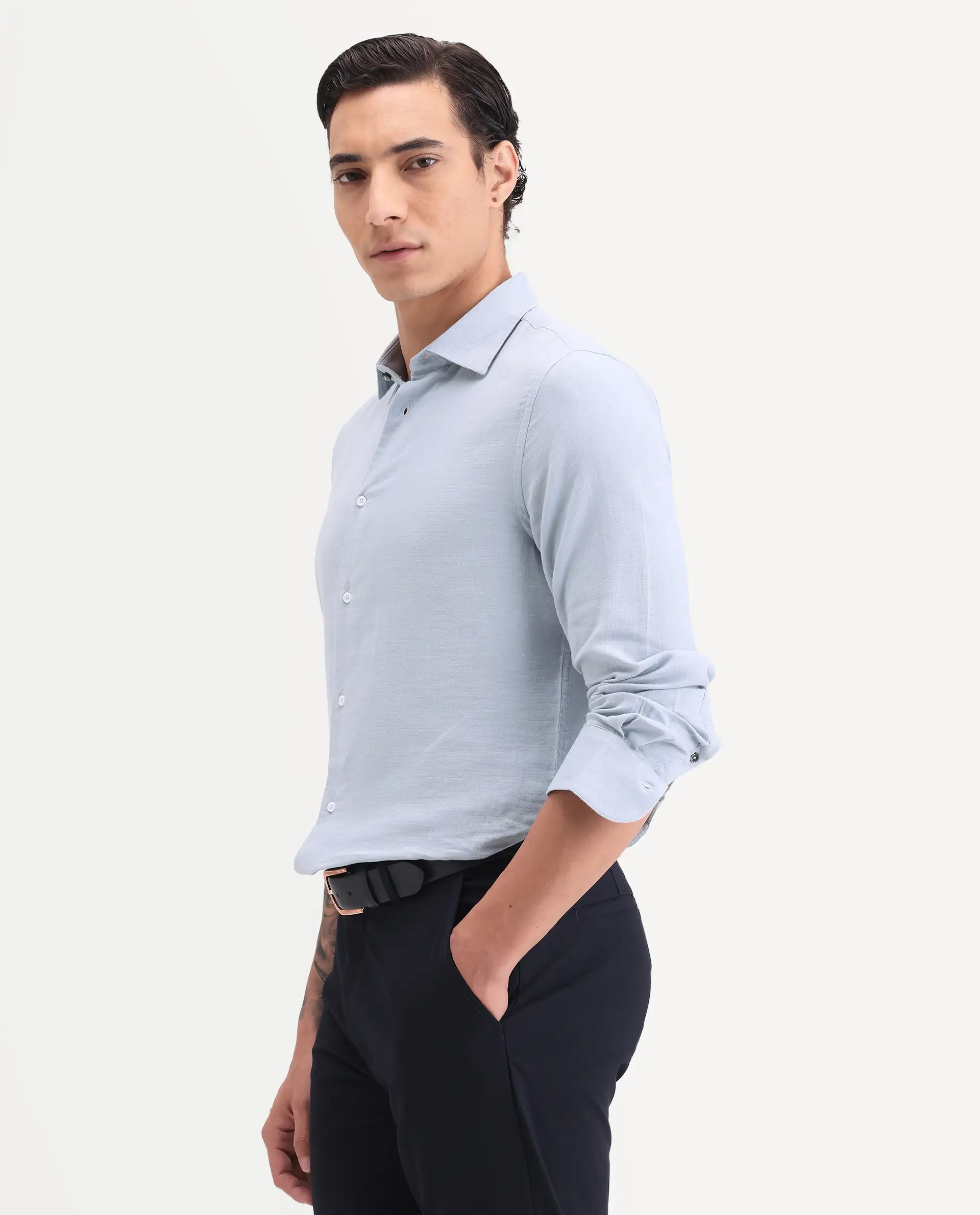 Rare Rabbit Men's Raxo Dusky Blue Cotton Fabric Full Sleeve Spread Collar Regular Fit Plain Shirt - Image 4