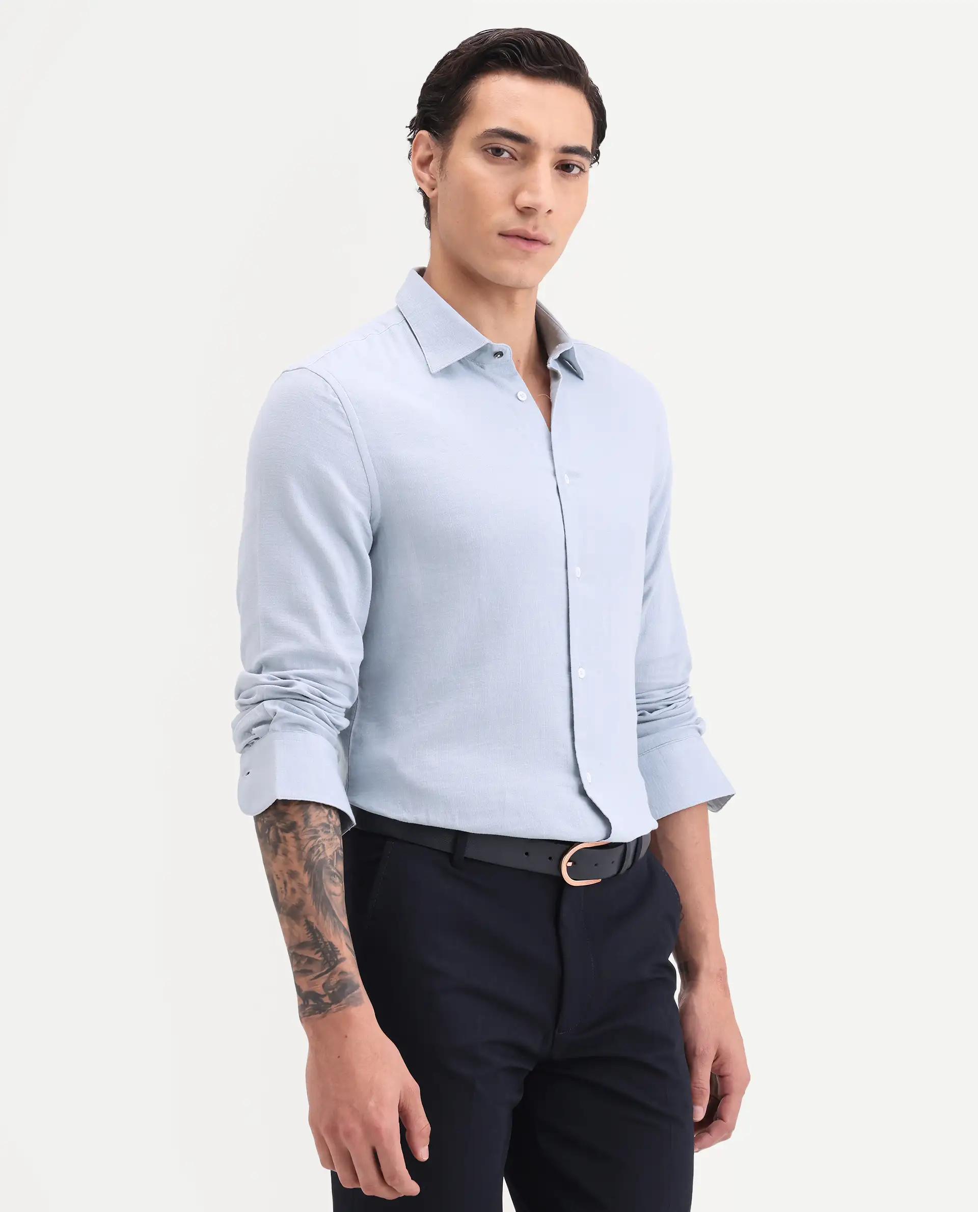 Rare Rabbit Men's Raxo Dusky Blue Cotton Fabric Full Sleeve Spread Collar Regular Fit Plain Shirt - Image 5
