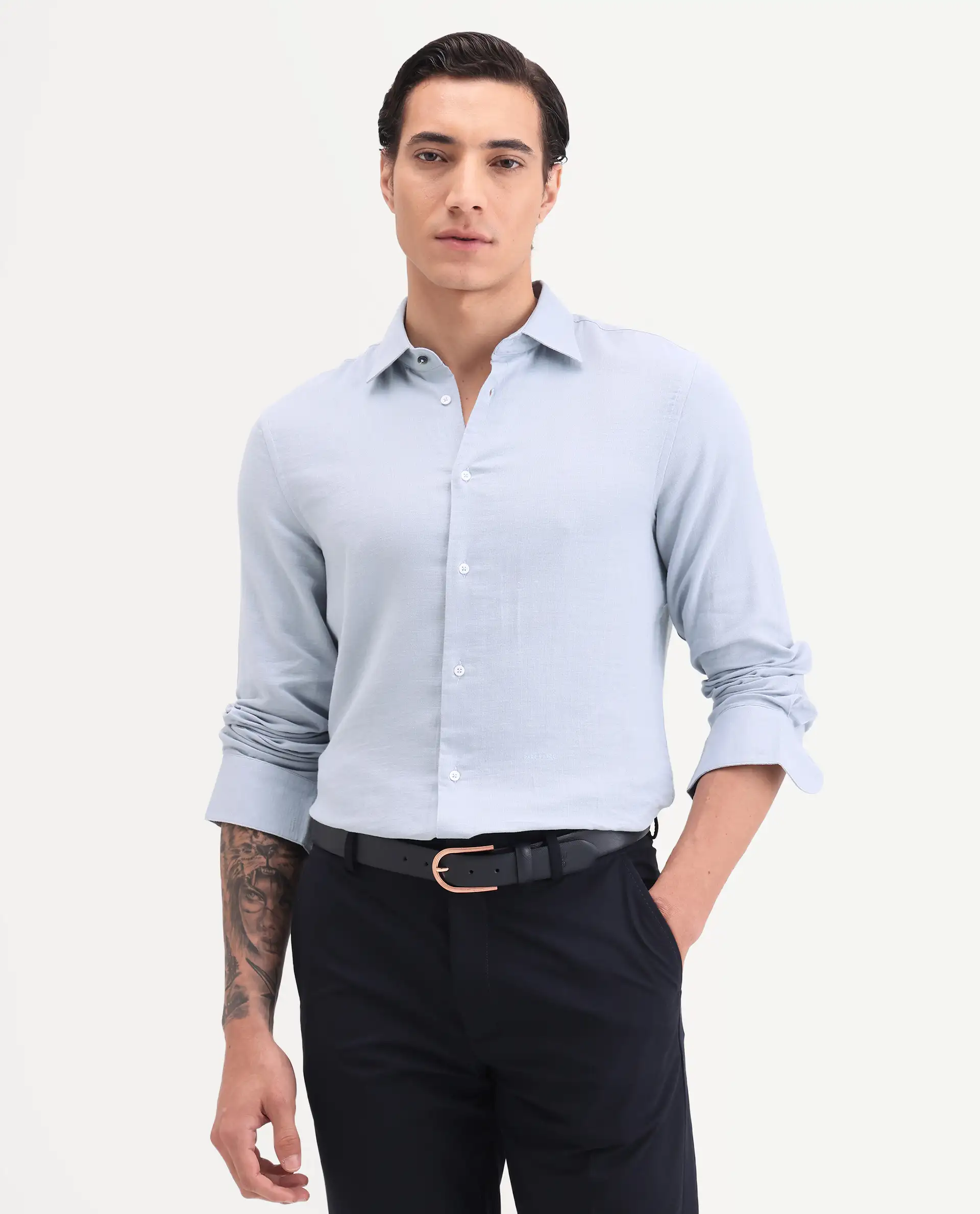 Rare Rabbit Men's Raxo Dusky Blue Cotton Fabric Full Sleeve Spread Collar Regular Fit Plain Shirt - Image 6