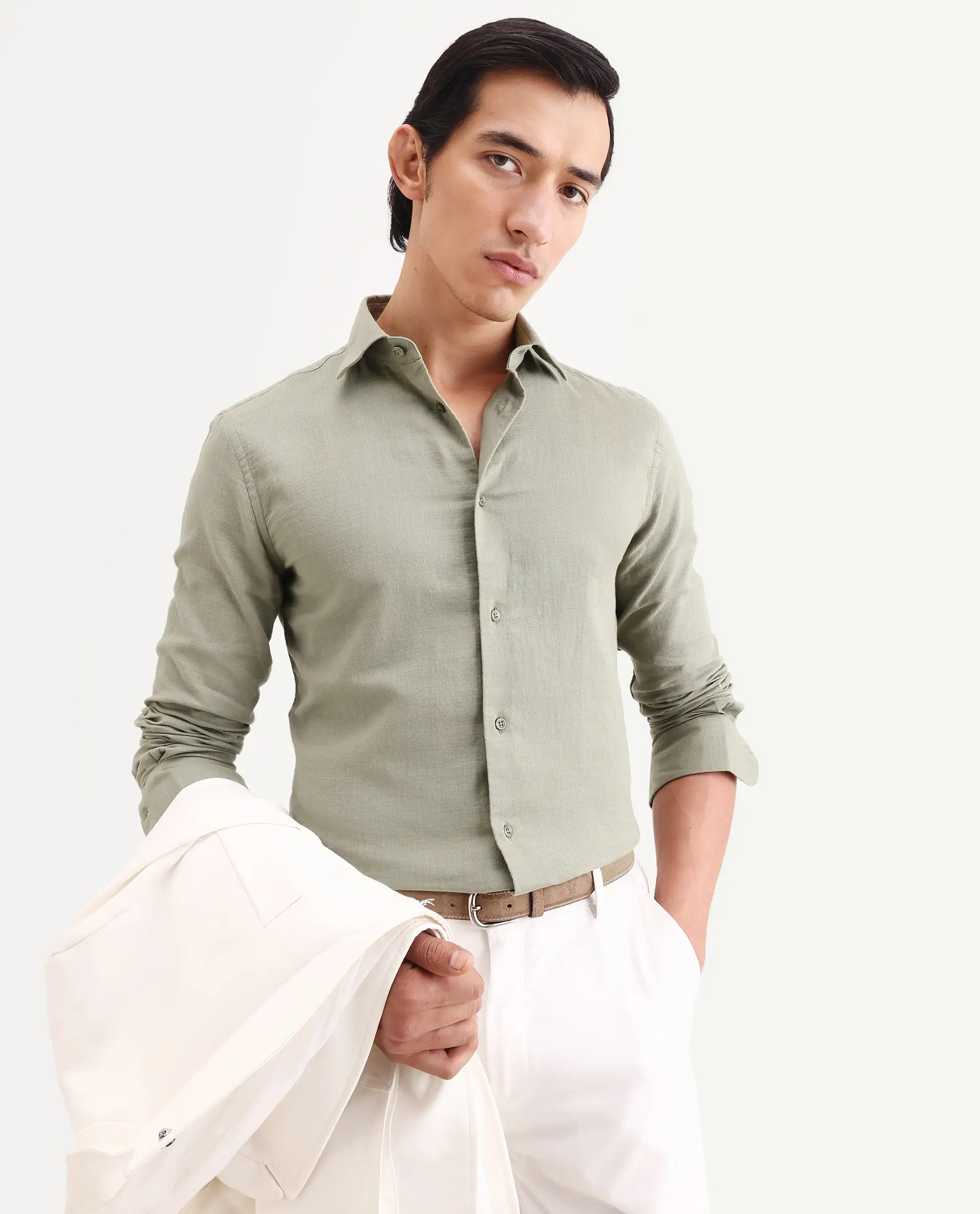 Rare Rabbit Men's Raxo Dusky Green Cotton Fabric Full Sleeve Regular Fit Shirt