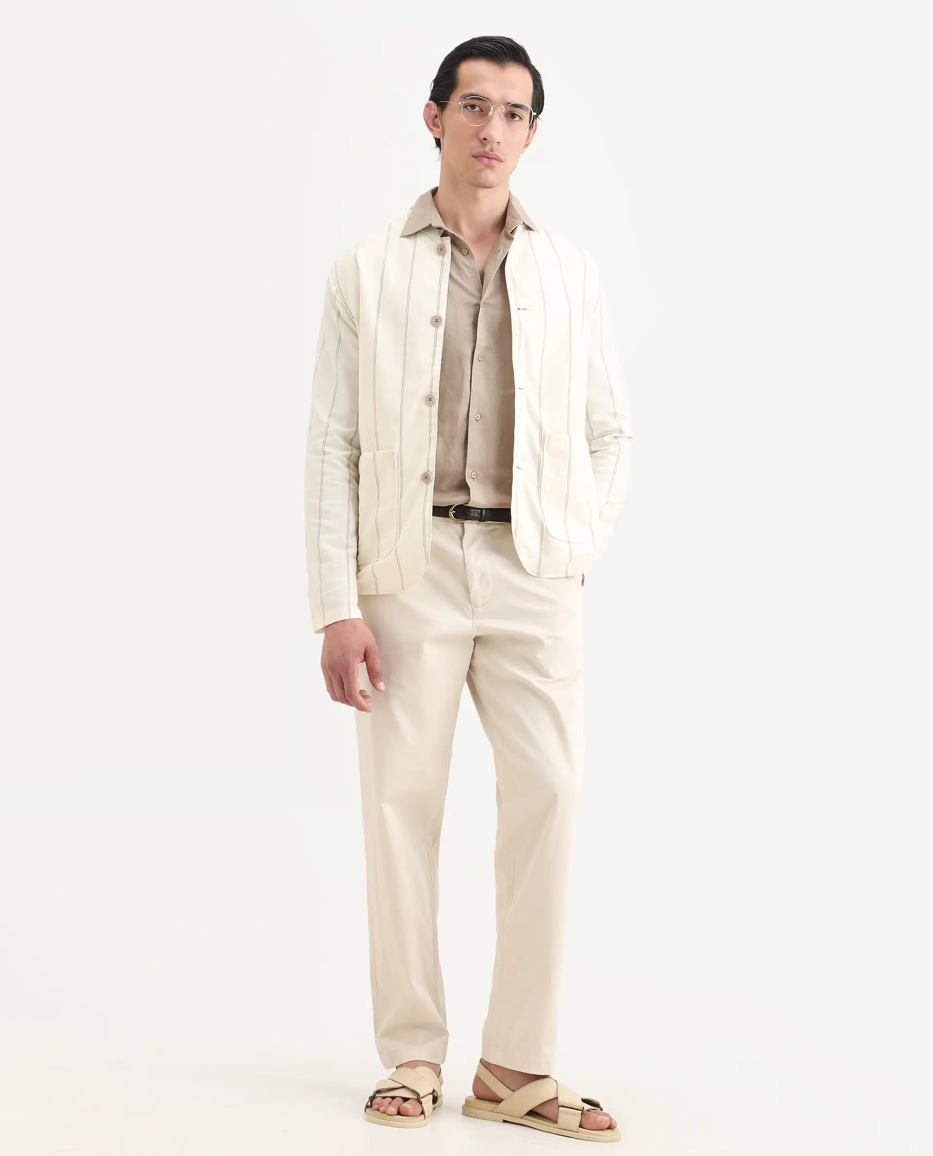 Rare Rabbit Men's Ray Off White Cotton Striped Print Relaxed Fit Full Sleeve Mandarin Collar Jacket - Image 2