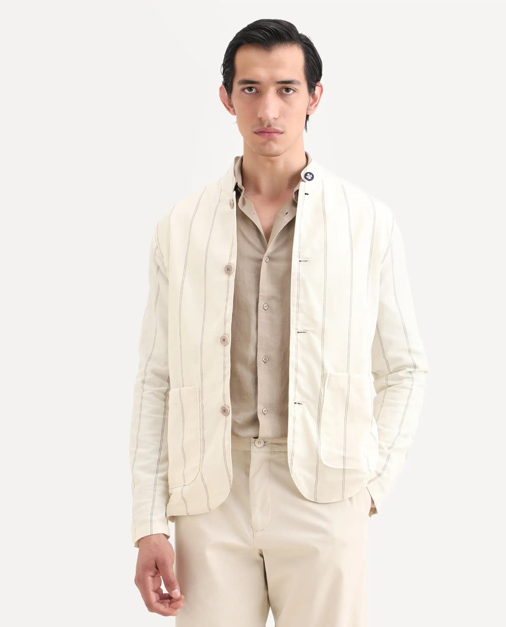Rare Rabbit Men's Ray Off White Cotton Striped Print Relaxed Fit Full Sleeve Mandarin Collar Jacket - Image 3