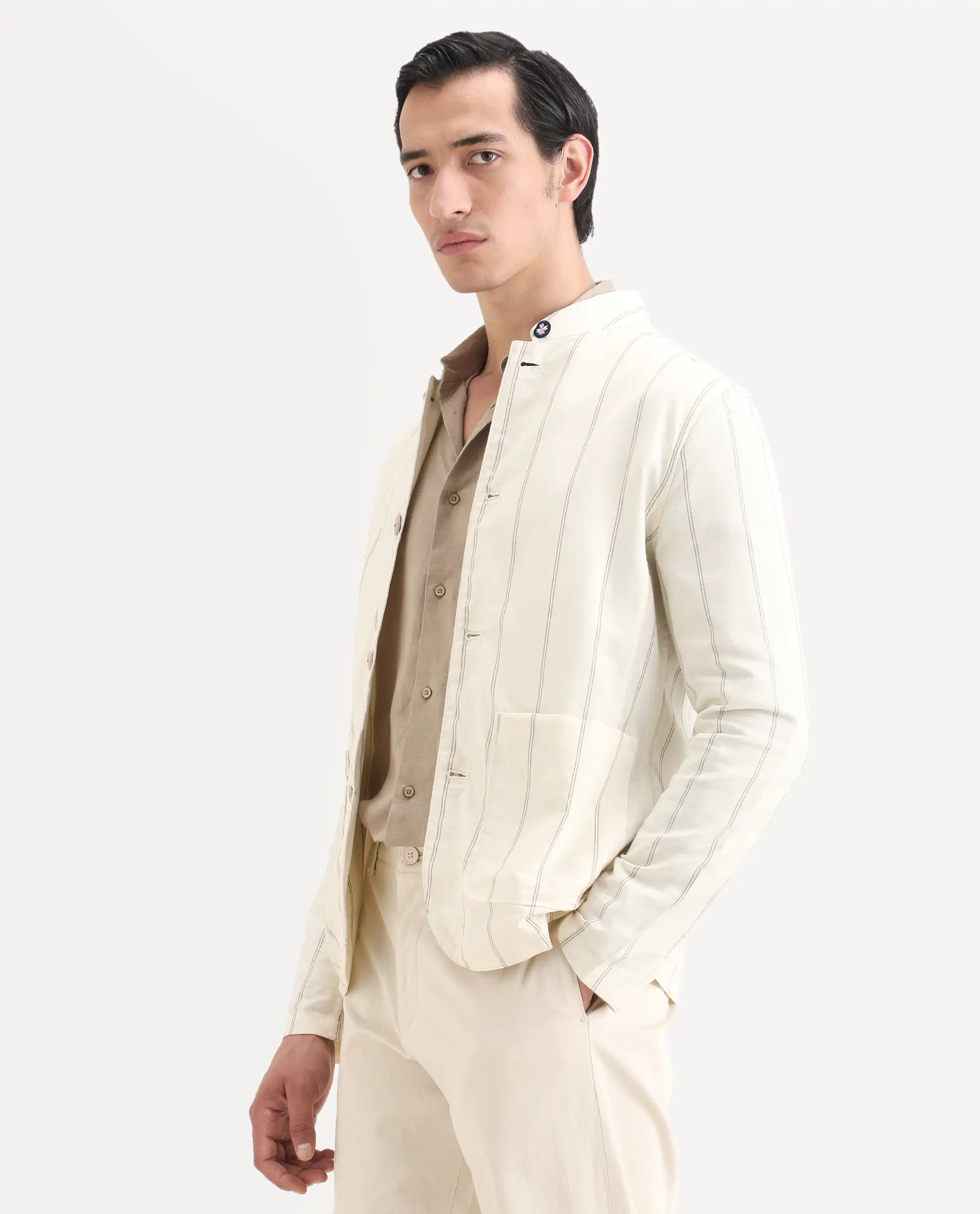 Rare Rabbit Men's Ray Off White Cotton Striped Print Relaxed Fit Full Sleeve Mandarin Collar Jacket - Image 5