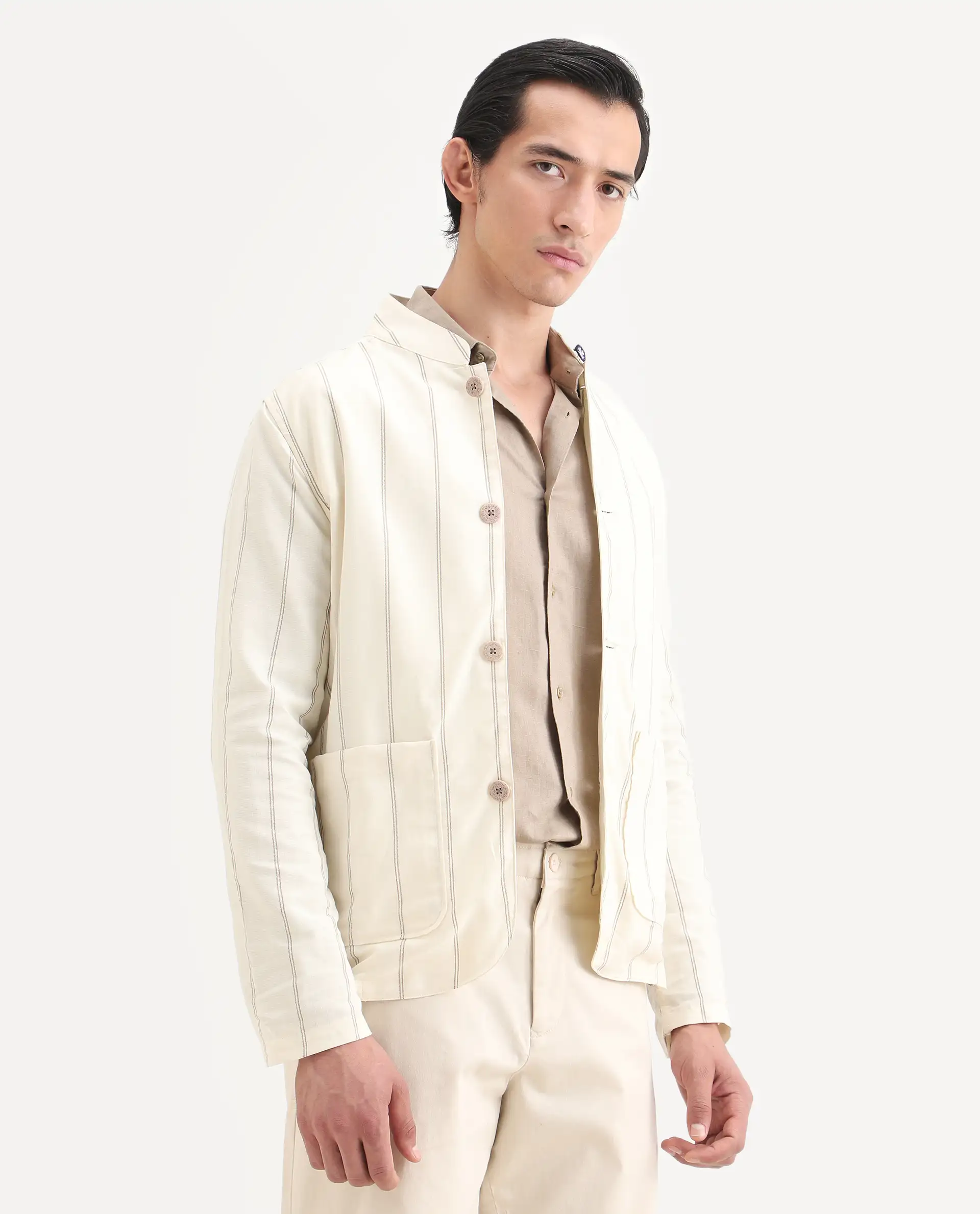 Rare Rabbit Men's Ray Off White Cotton Striped Print Relaxed Fit Full Sleeve Mandarin Collar Jacket - Image 6