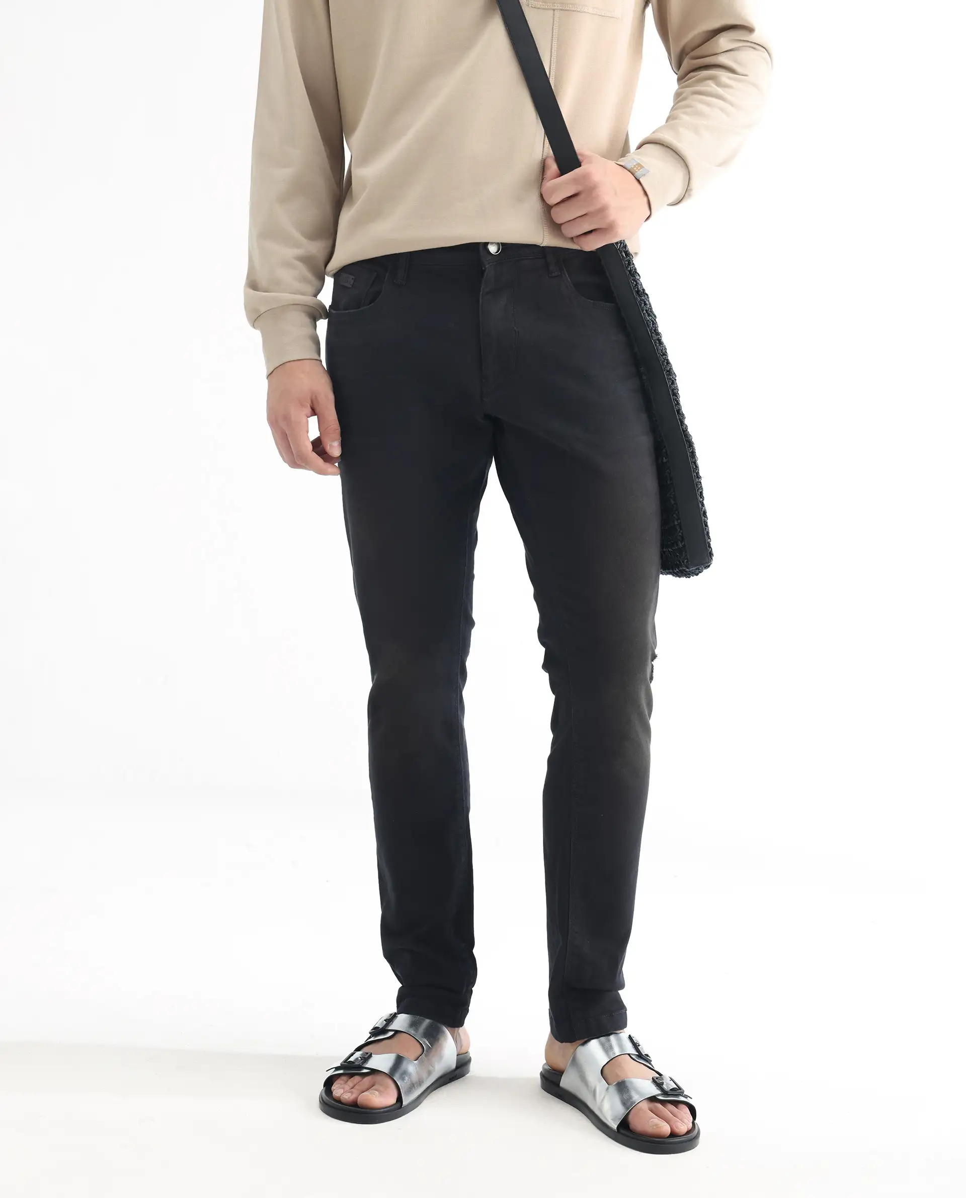 Rare Rabbit Men's Ray Black Cotton Plain Hawk Slim Fit Jeans - Image 2