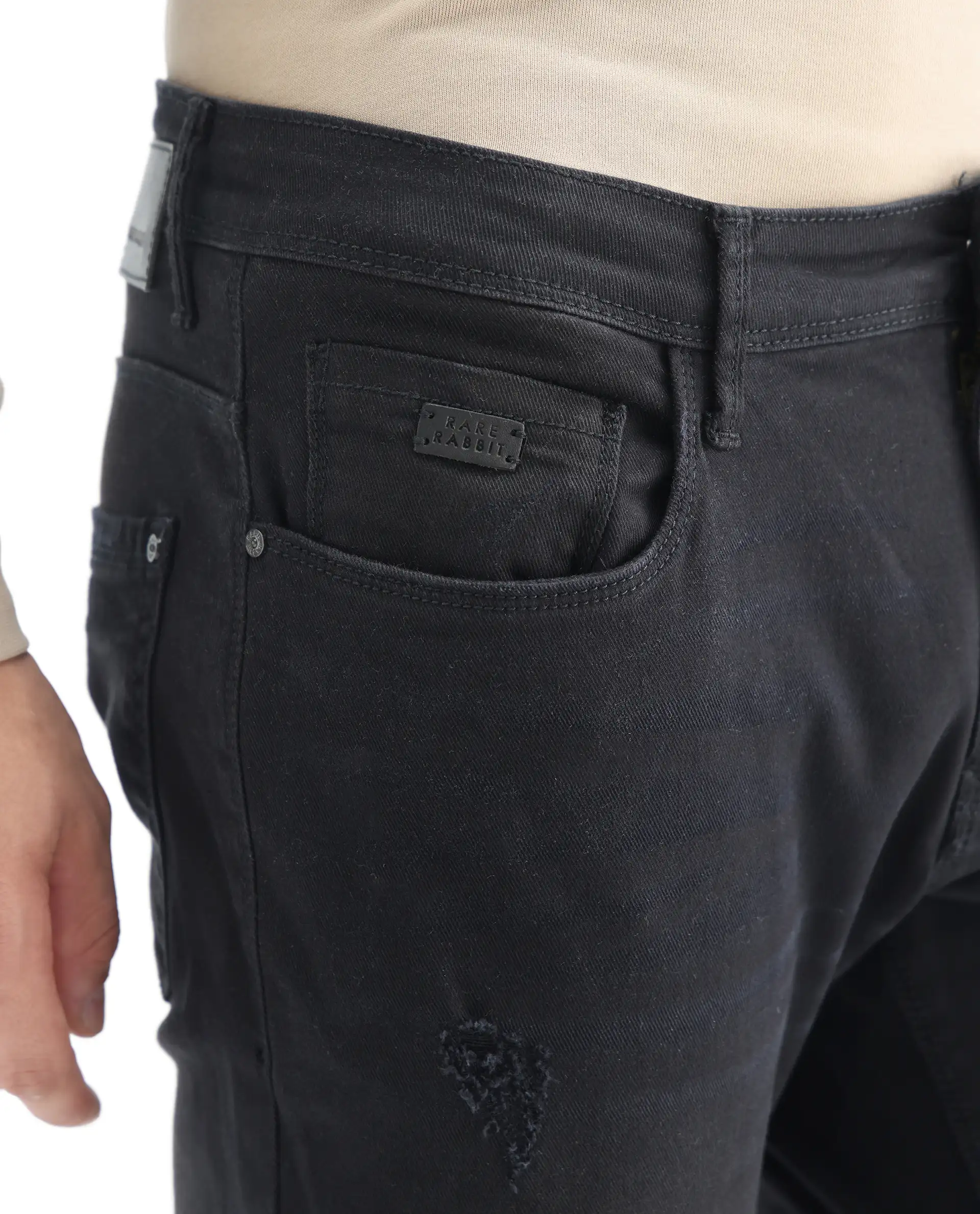 Rare Rabbit Men's Ray Black Cotton Plain Hawk Slim Fit Jeans - Image 3