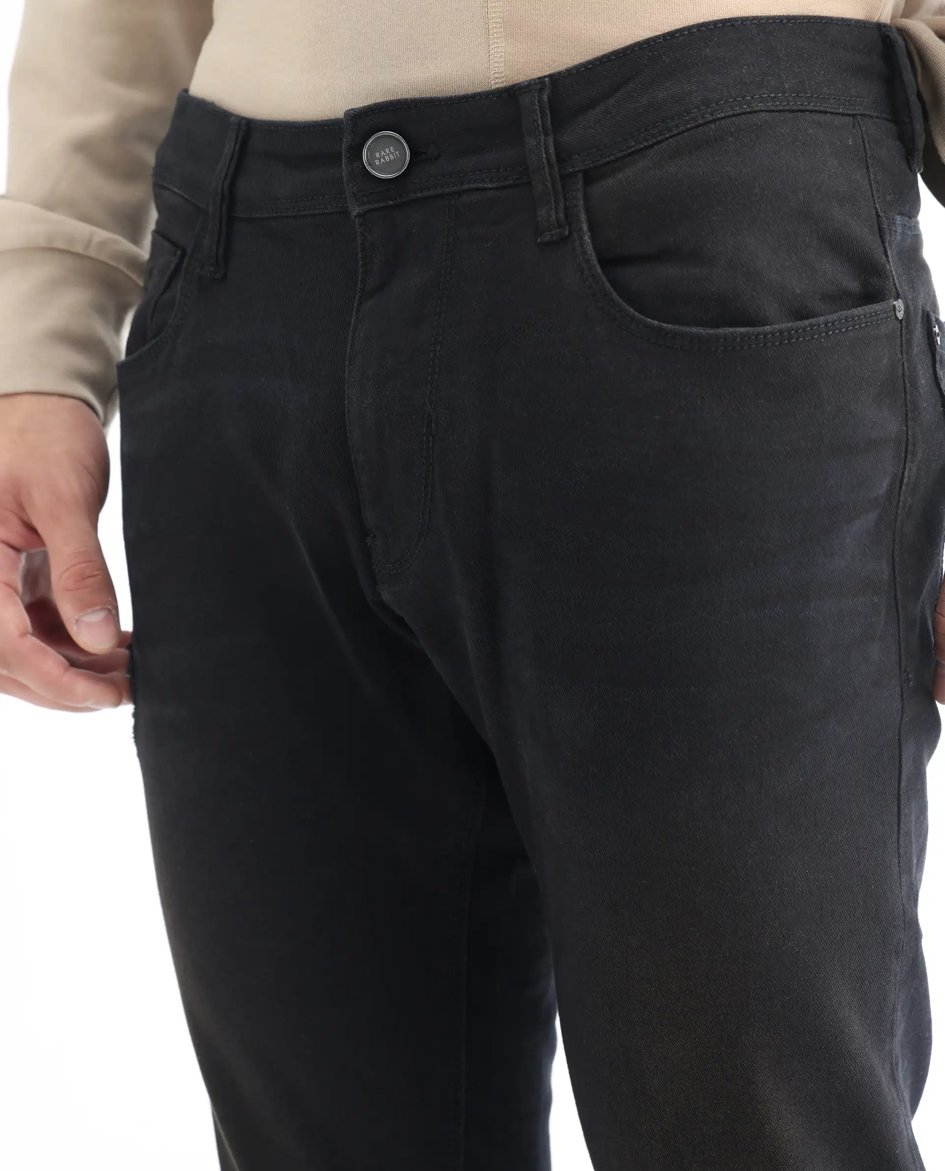 Rare Rabbit Men's Ray Black Cotton Plain Hawk Slim Fit Jeans - Image 7
