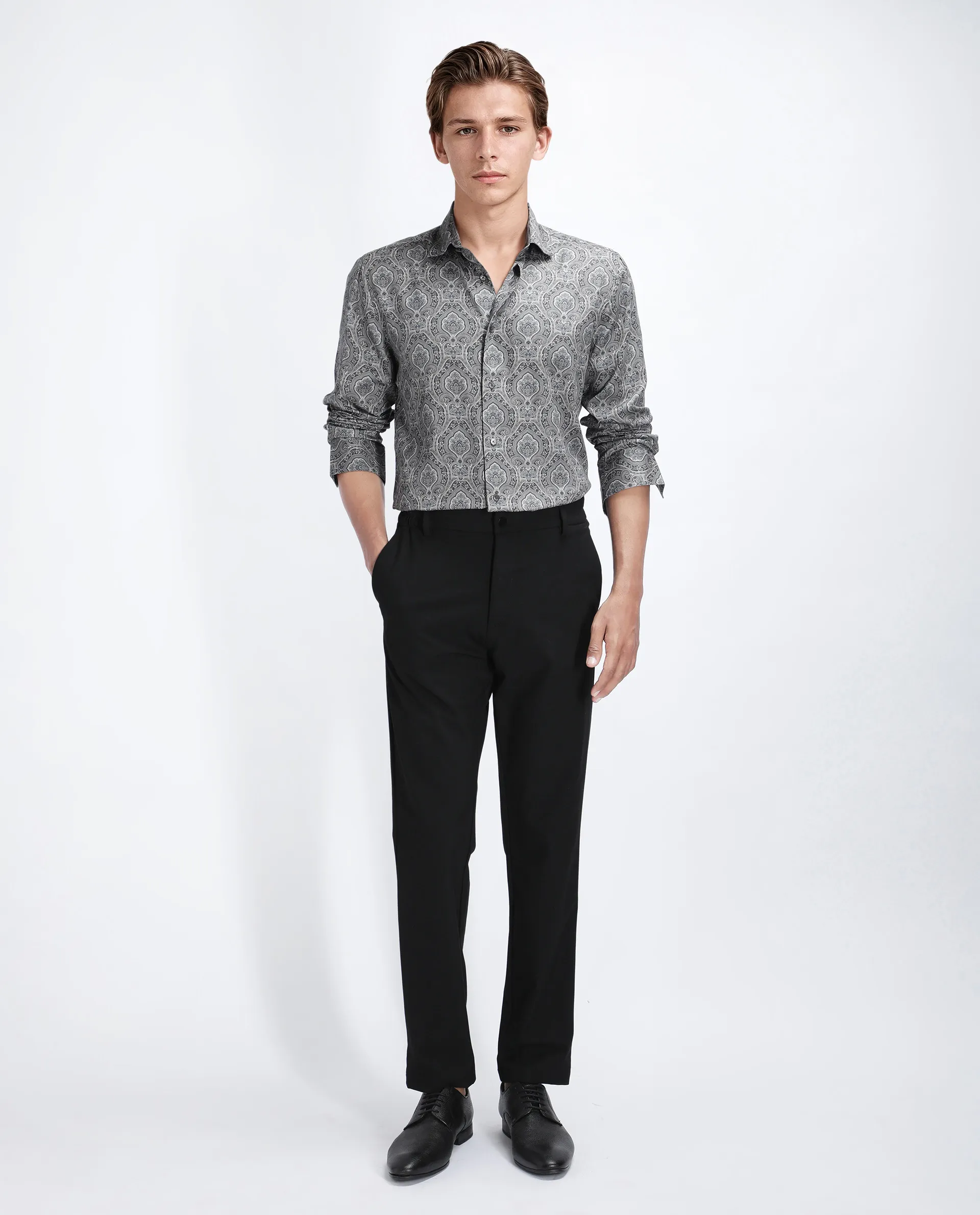 Rare Rabbit Men's Raya Dark Grey Viscose Blend Paisley Print Regular Fit Full Sleeve Collared Shirt - Image 2