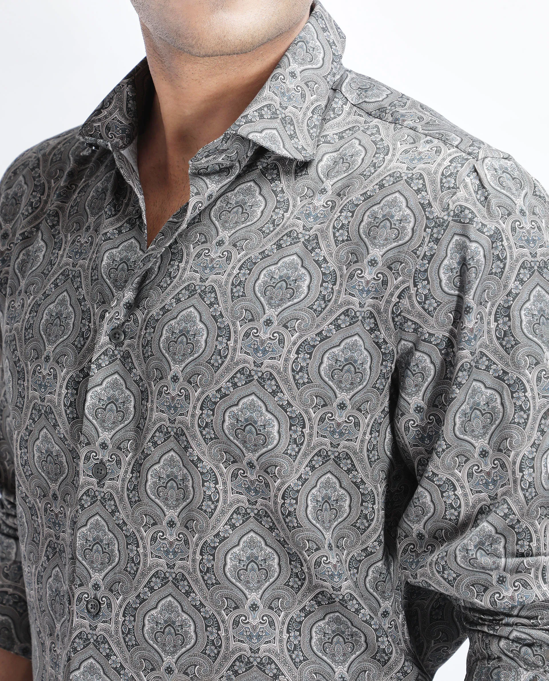 Rare Rabbit Men's Raya Dark Grey Viscose Blend Paisley Print Regular Fit Full Sleeve Collared Shirt - Image 3