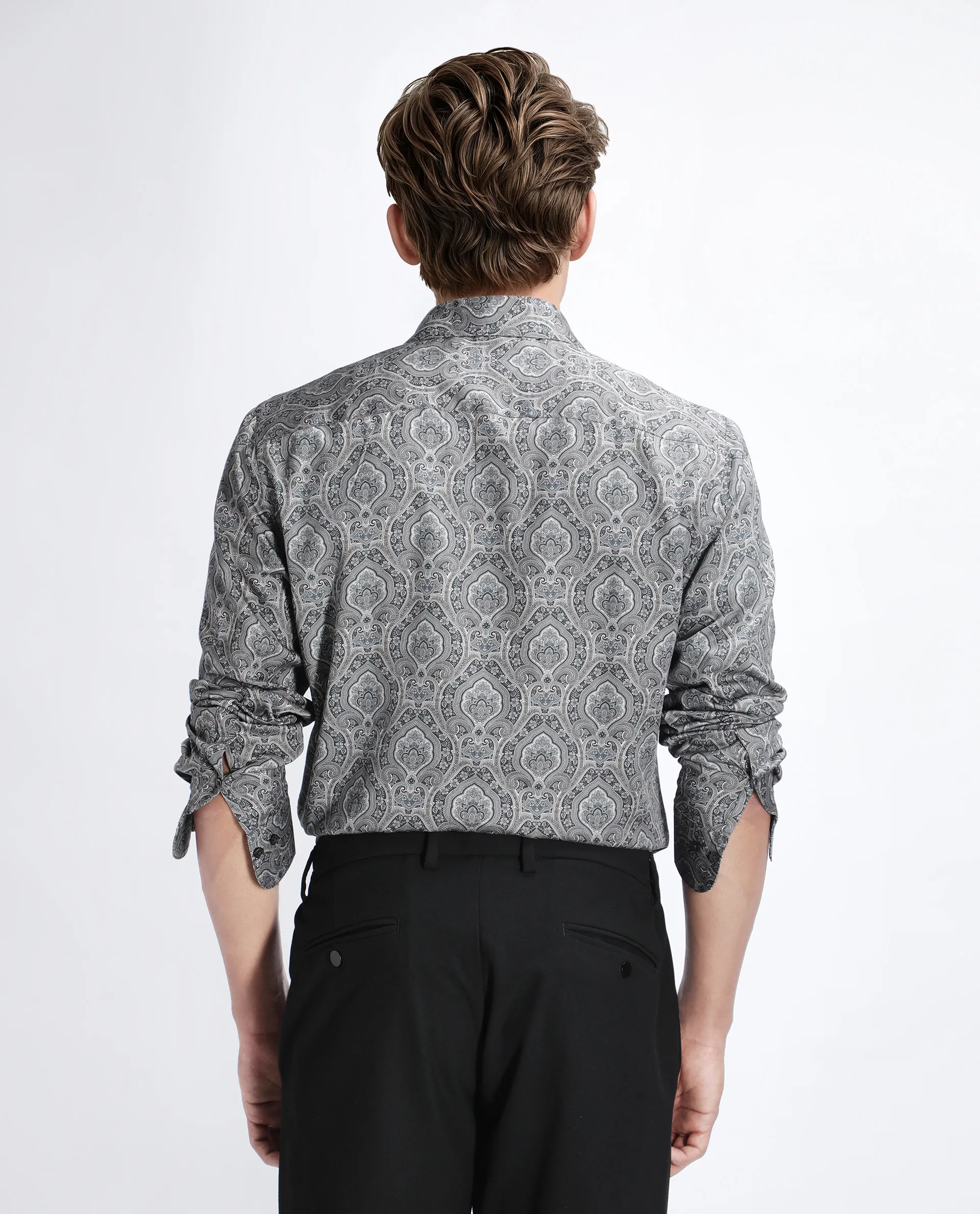 Rare Rabbit Men's Raya Dark Grey Viscose Blend Paisley Print Regular Fit Full Sleeve Collared Shirt - Image 4