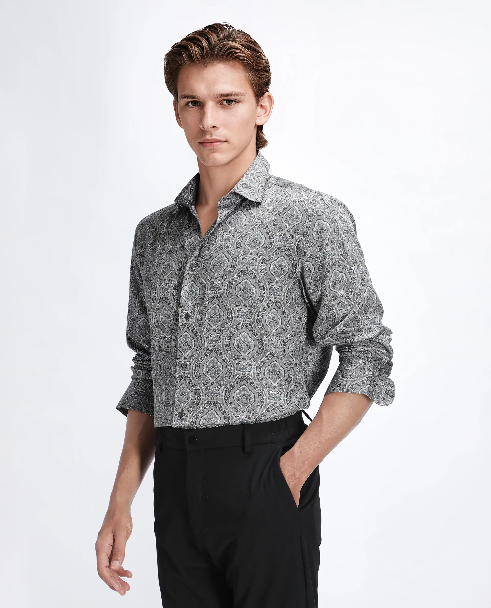 Rare Rabbit Men's Raya Dark Grey Viscose Blend Paisley Print Regular Fit Full Sleeve Collared Shirt - Image 5