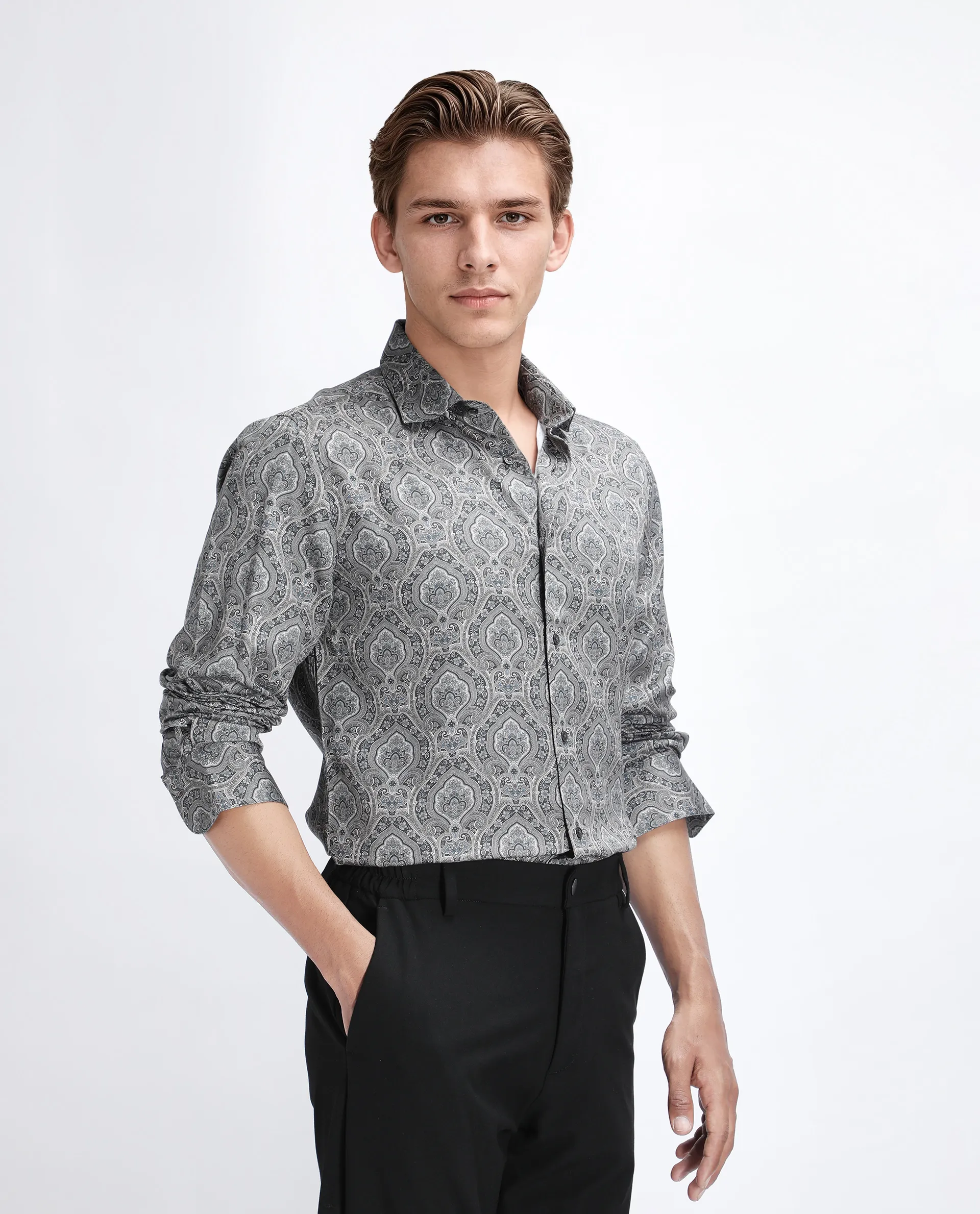 Rare Rabbit Men's Raya Dark Grey Viscose Blend Paisley Print Regular Fit Full Sleeve Collared Shirt - Image 6