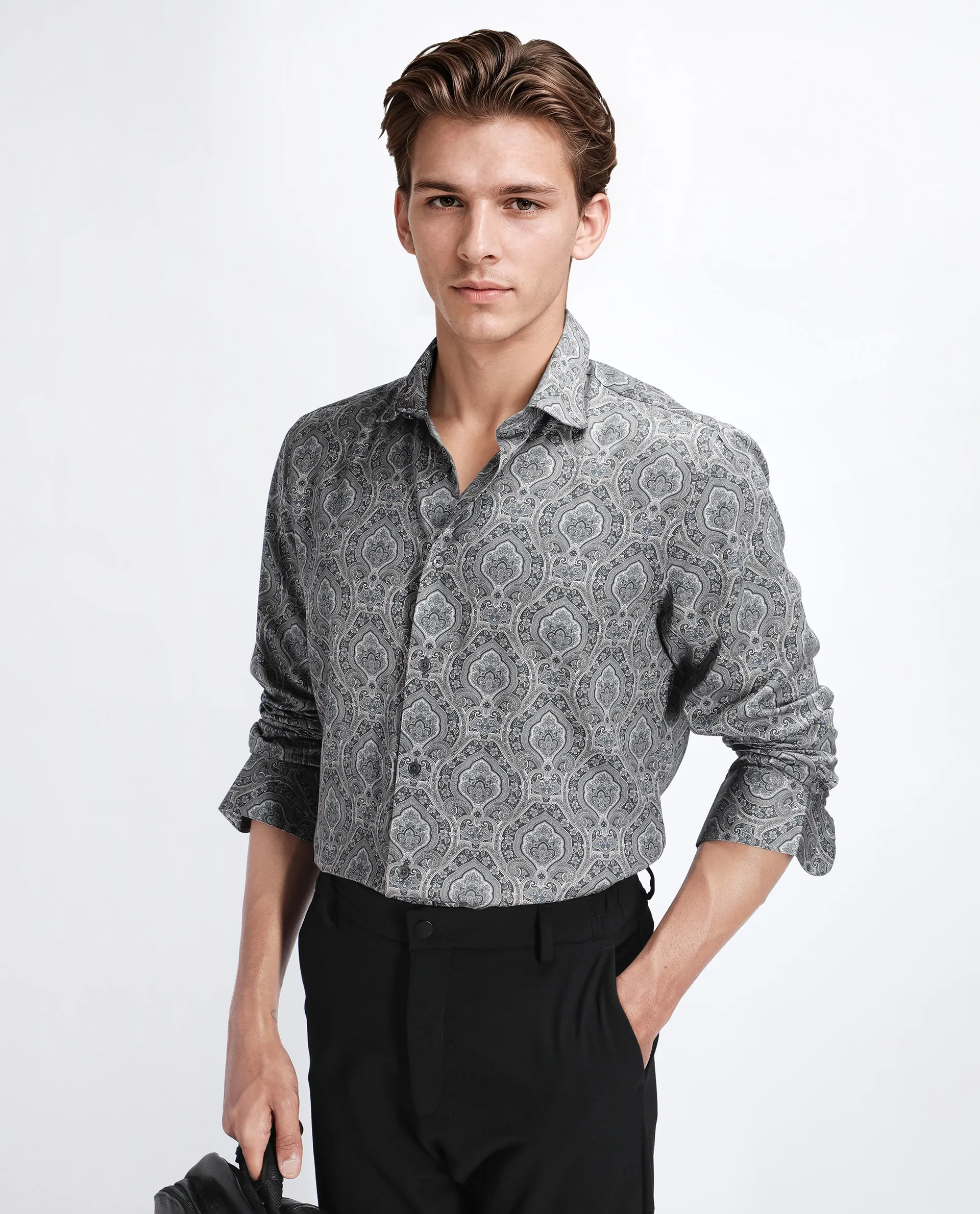 Rare Rabbit Men's Raya Dark Grey Viscose Blend Paisley Print Regular Fit Full Sleeve Collared Shirt - Image 8