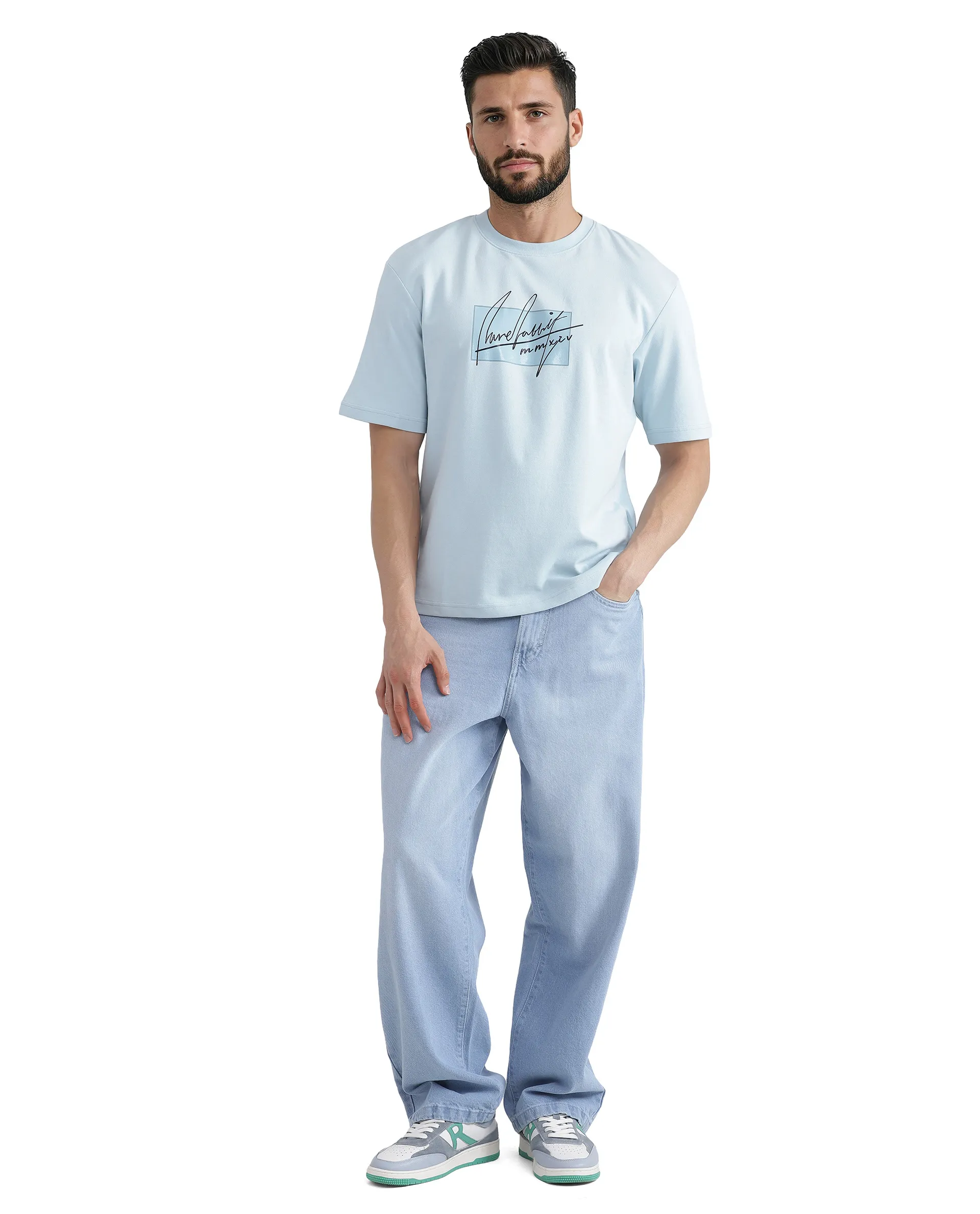 Rare Rabbit Men's Raydo Light Blue Cotton Graphic Print Boxy Fit Half Sleeve Crew Neck T-Shirt - Image 2