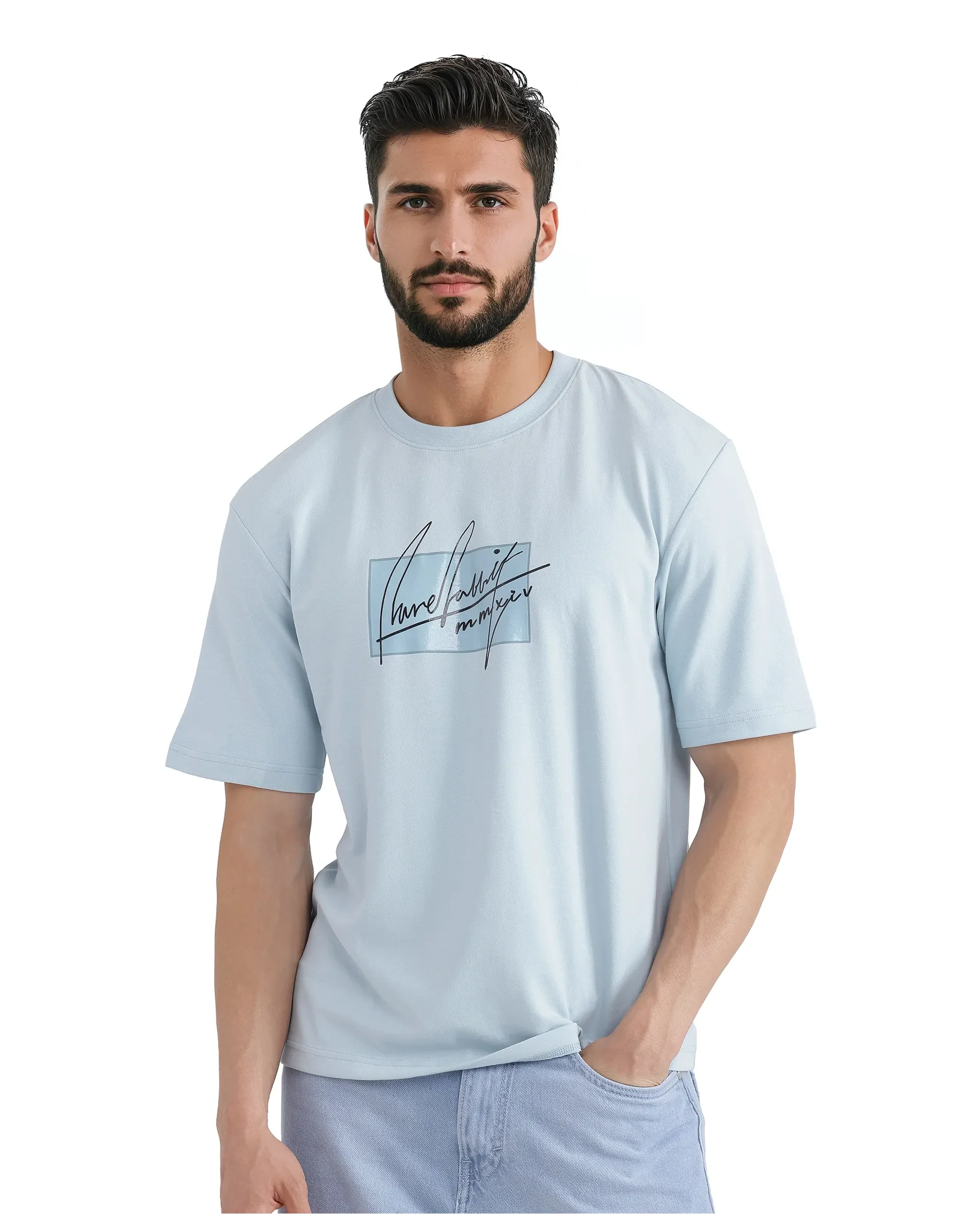 Rare Rabbit Men's Raydo Light Blue Cotton Graphic Print Boxy Fit Half Sleeve Crew Neck T-Shirt - Image 3