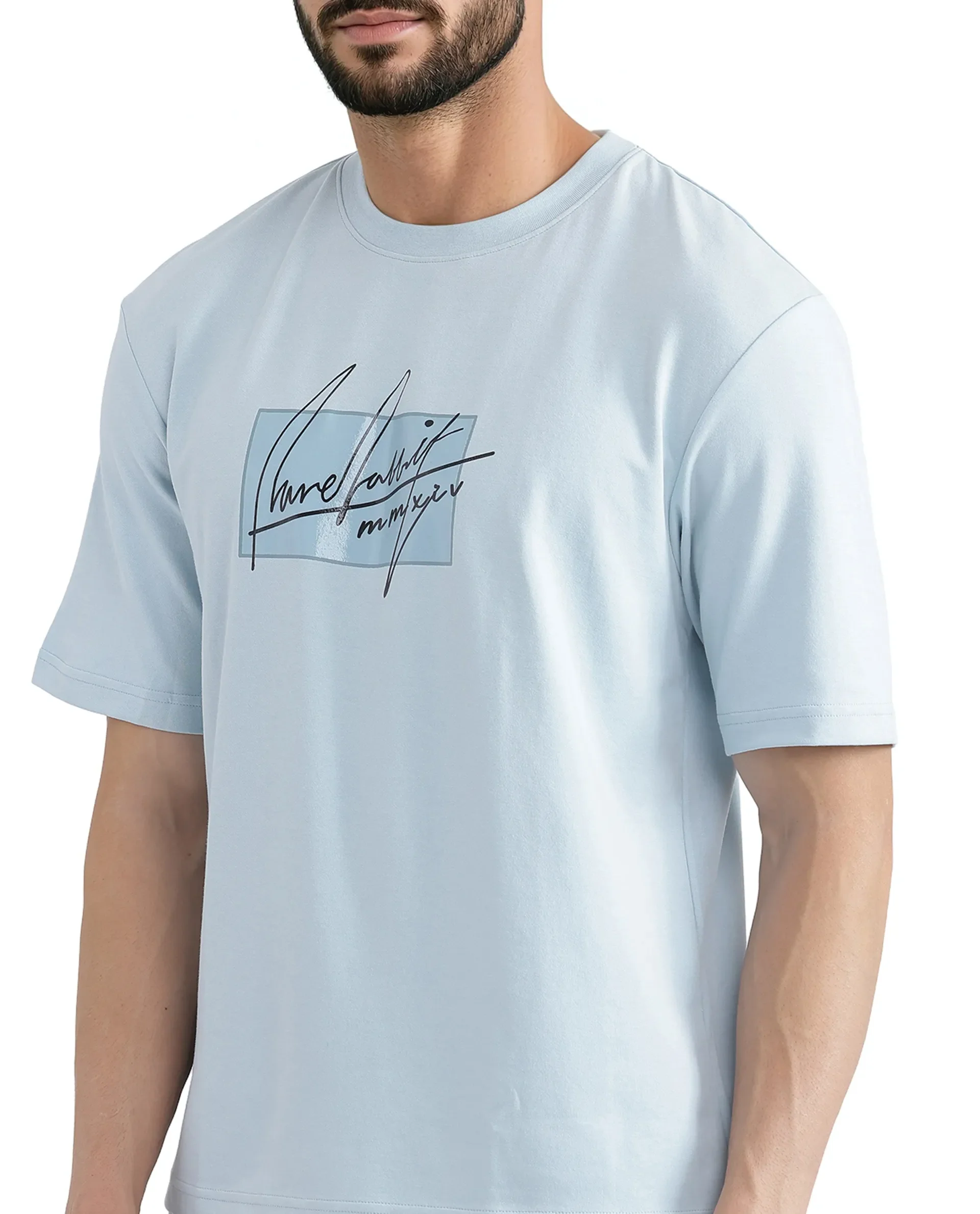 Rare Rabbit Men's Raydo Light Blue Cotton Graphic Print Boxy Fit Half Sleeve Crew Neck T-Shirt - Image 4