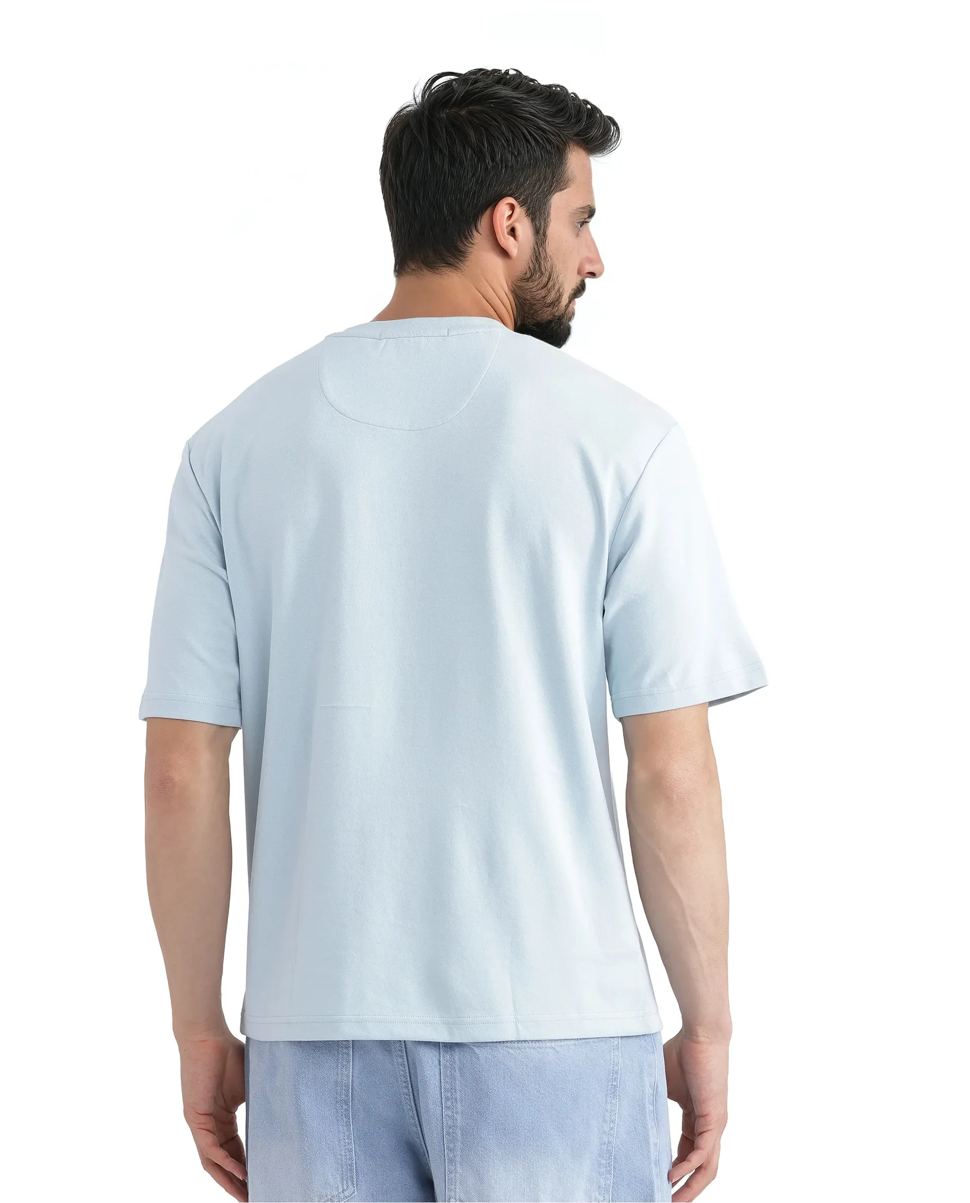 Rare Rabbit Men's Raydo Light Blue Cotton Graphic Print Boxy Fit Half Sleeve Crew Neck T-Shirt - Image 5
