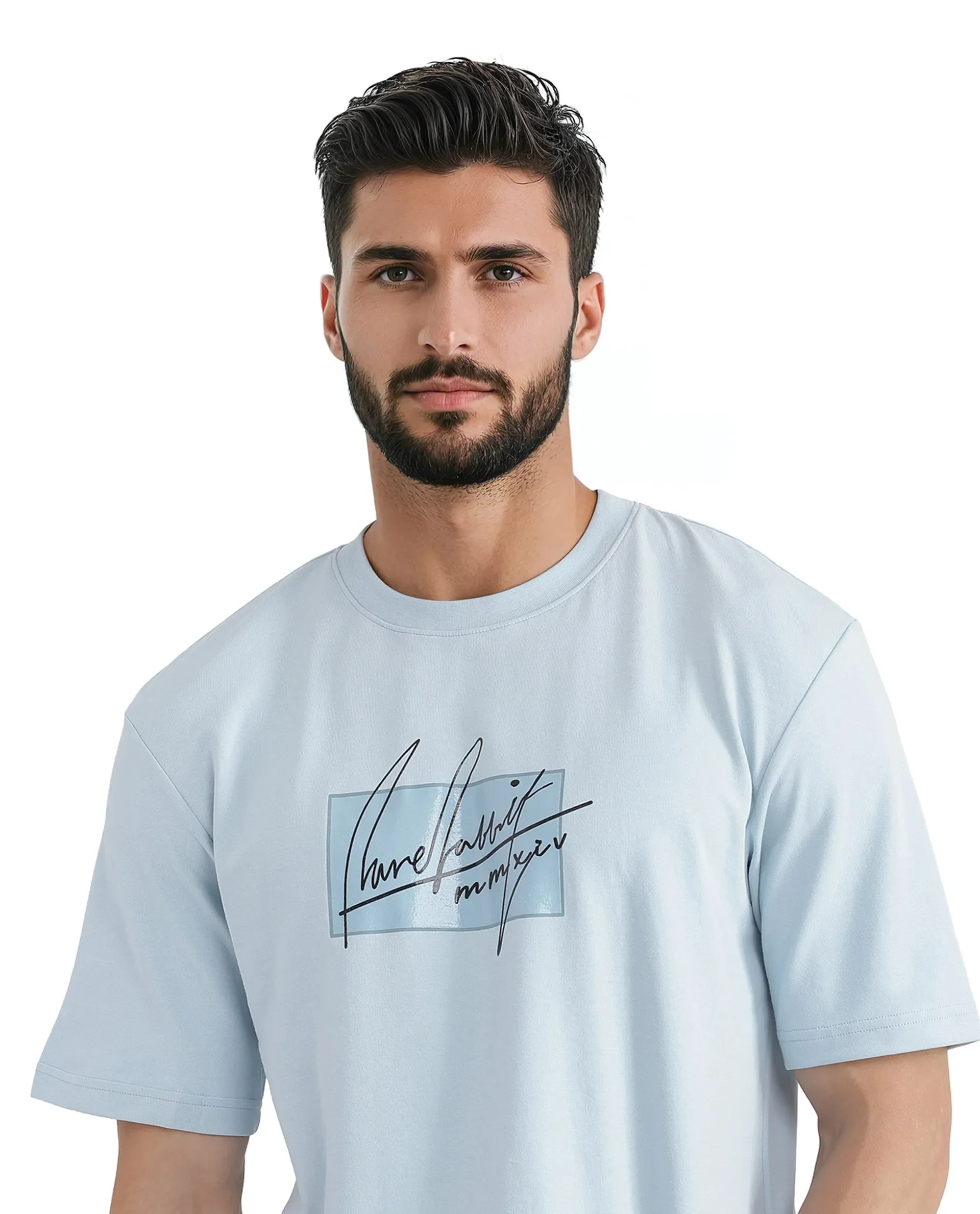 Rare Rabbit Men's Raydo Light Blue Cotton Graphic Print Boxy Fit Half Sleeve Crew Neck T-Shirt - Image 6