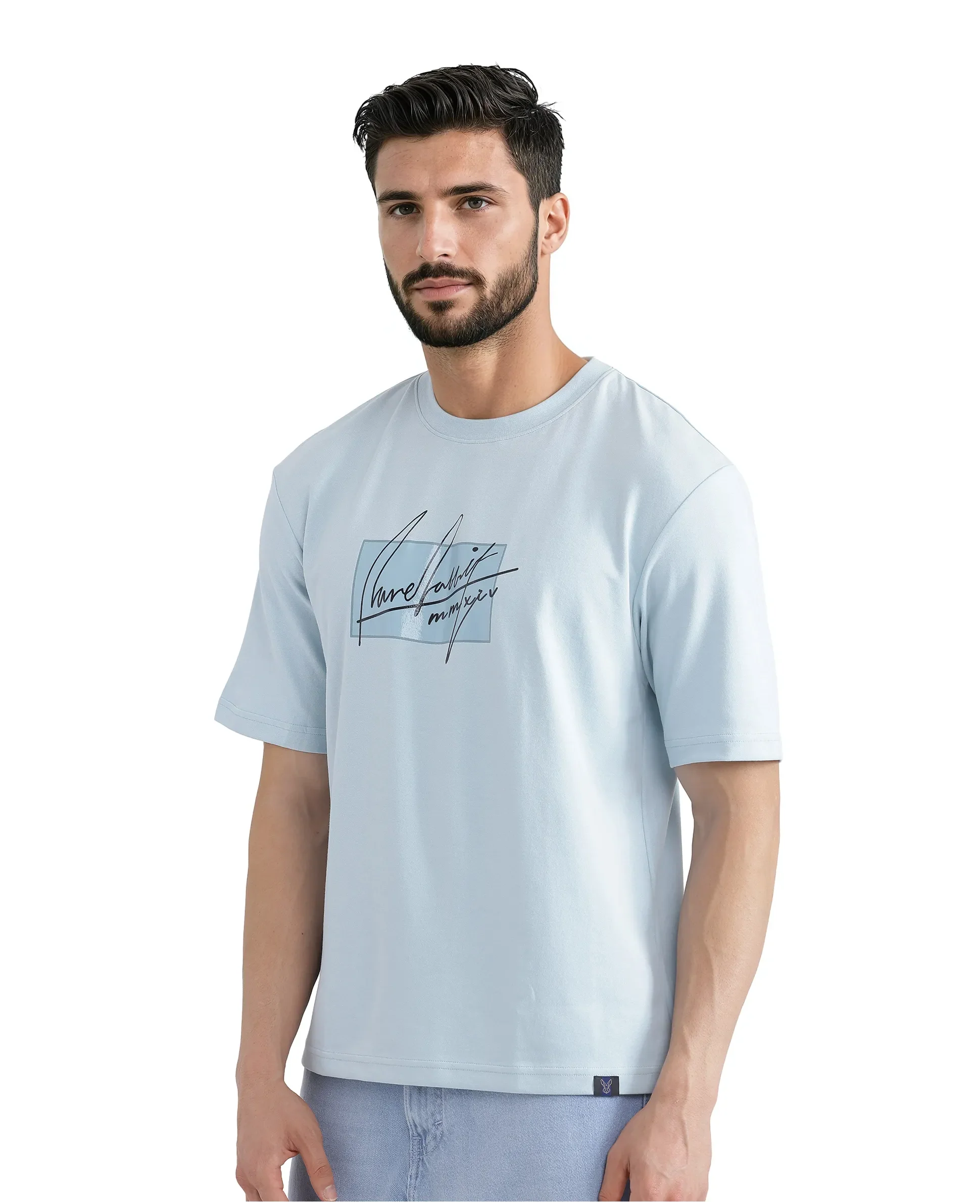 Rare Rabbit Men's Raydo Light Blue Cotton Graphic Print Boxy Fit Half Sleeve Crew Neck T-Shirt - Image 7