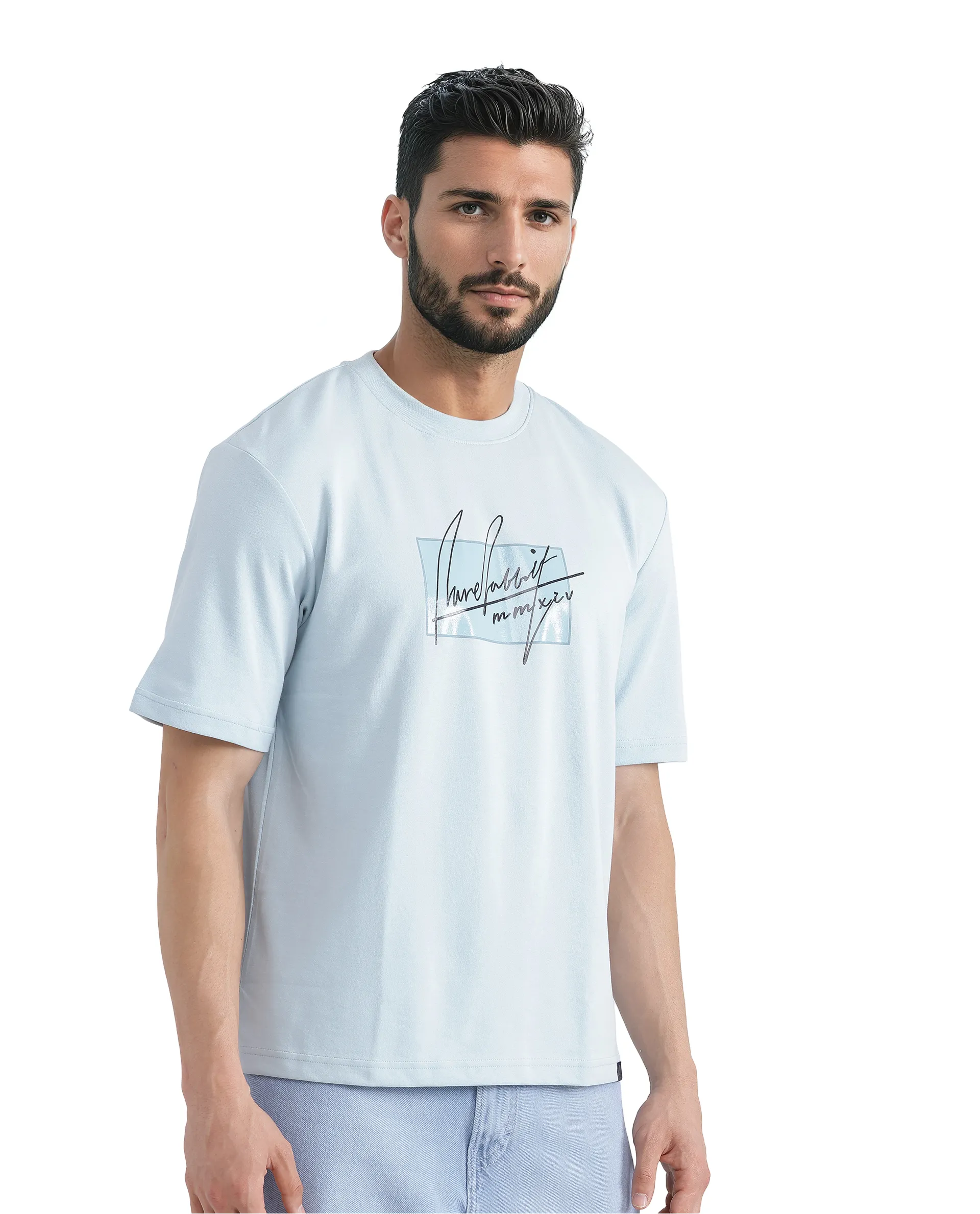 Rare Rabbit Men's Raydo Light Blue Cotton Graphic Print Boxy Fit Half Sleeve Crew Neck T-Shirt - Image 8